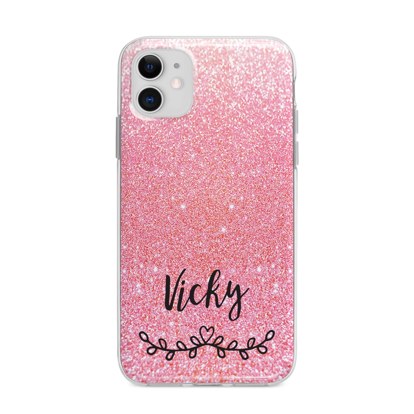 Pink Glitter with Custom Black Text Apple iPhone 11 in White with Bumper Case