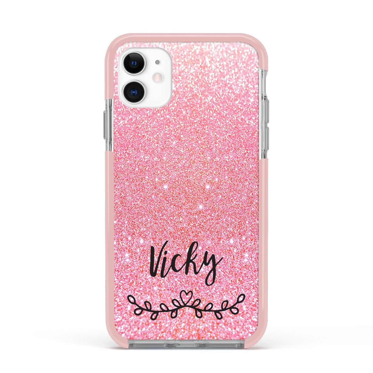 Pink Glitter with Custom Black Text Apple iPhone 11 in White with Pink Impact Case