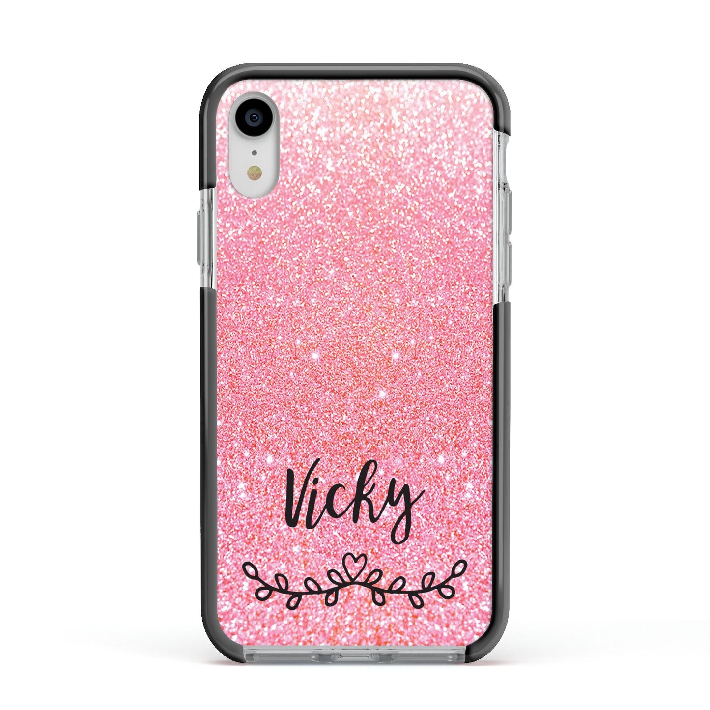 Pink Glitter with Custom Black Text Apple iPhone XR Impact Case Black Edge on Silver Phone