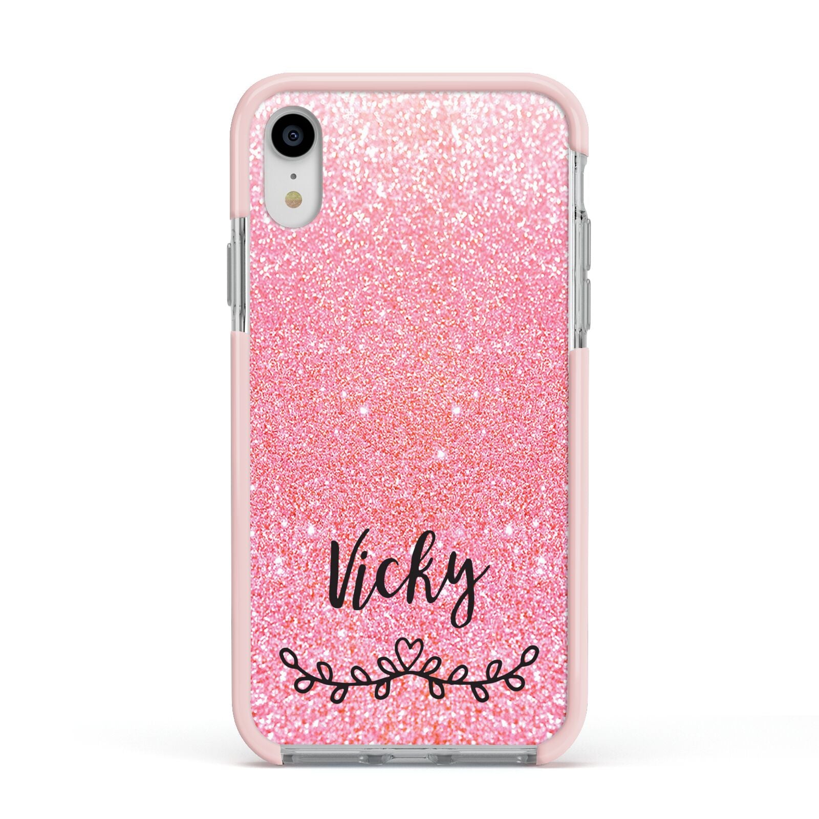 Pink Glitter with Custom Black Text Apple iPhone XR Impact Case Pink Edge on Silver Phone