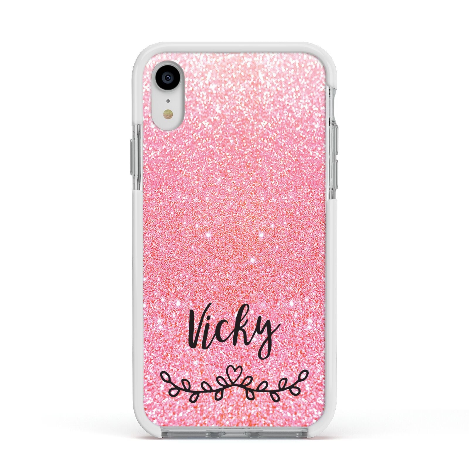 Pink Glitter with Custom Black Text Apple iPhone XR Impact Case White Edge on Silver Phone