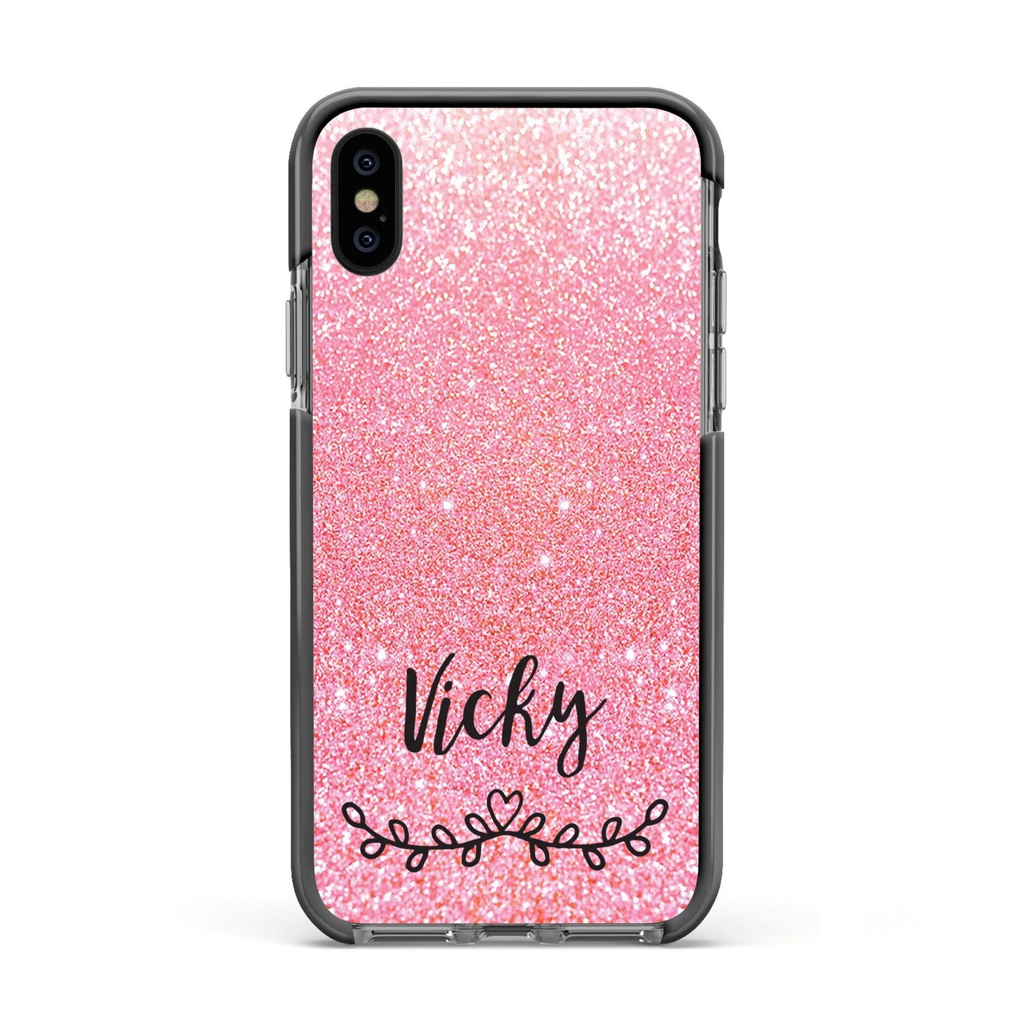 Pink Glitter with Custom Black Text Apple iPhone Xs Impact Case Black Edge on Black Phone