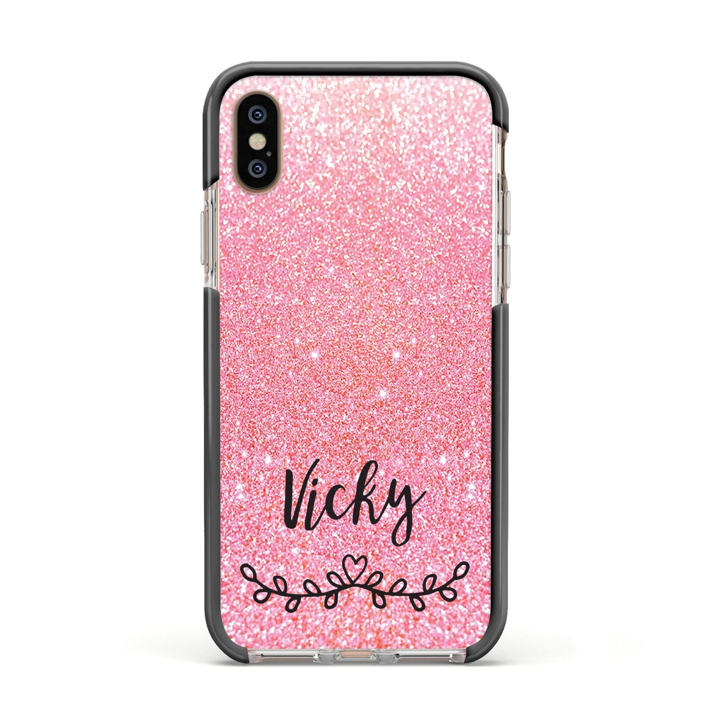 Pink Glitter with Custom Black Text Apple iPhone Xs Impact Case Black Edge on Gold Phone