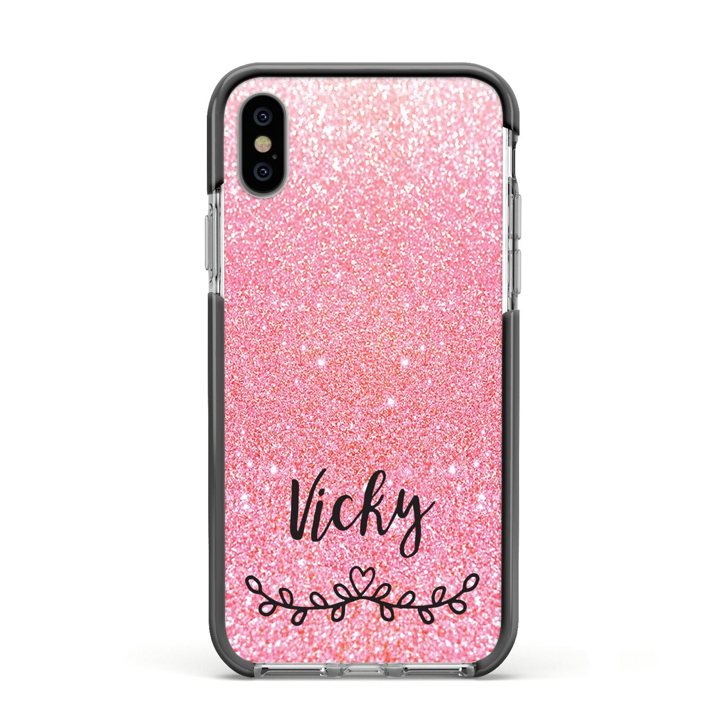 Pink Glitter with Custom Black Text Apple iPhone Xs Impact Case Black Edge on Silver Phone