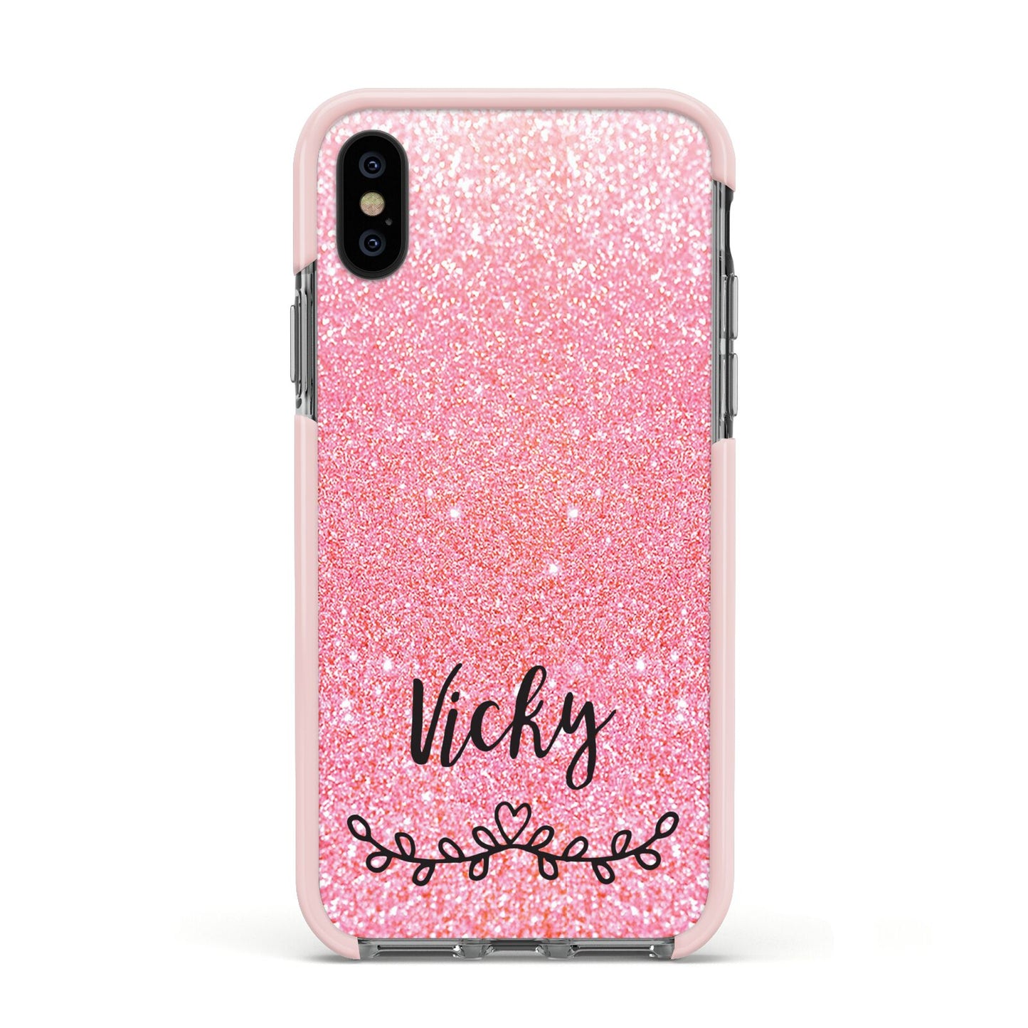 Pink Glitter with Custom Black Text Apple iPhone Xs Impact Case Pink Edge on Black Phone