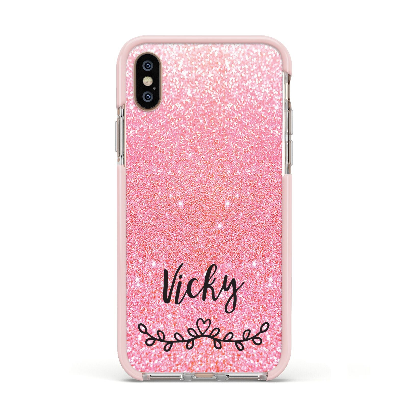 Pink Glitter with Custom Black Text Apple iPhone Xs Impact Case Pink Edge on Gold Phone