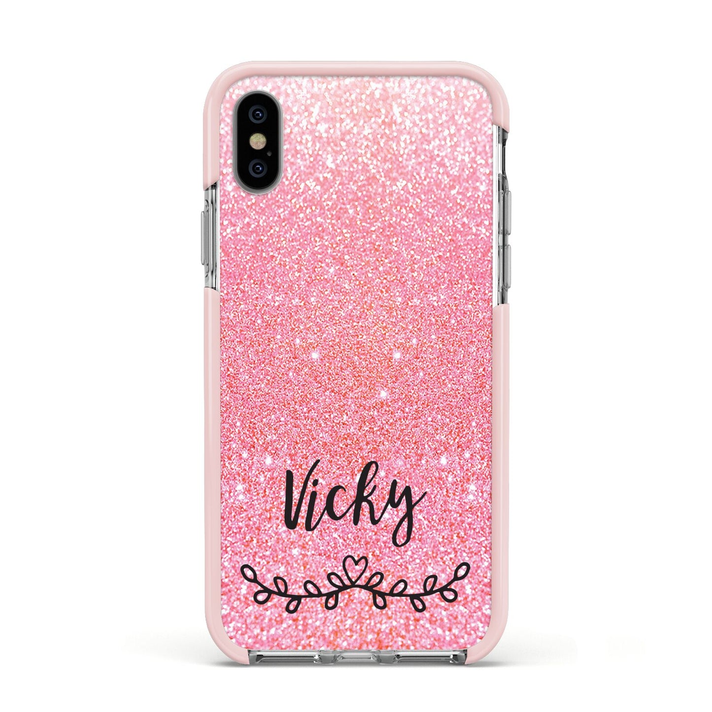 Pink Glitter with Custom Black Text Apple iPhone Xs Impact Case Pink Edge on Silver Phone