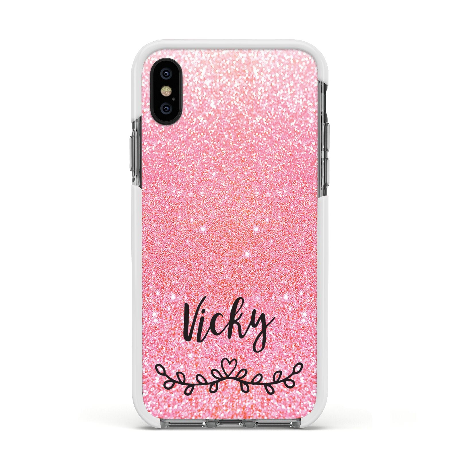 Pink Glitter with Custom Black Text Apple iPhone Xs Impact Case White Edge on Black Phone