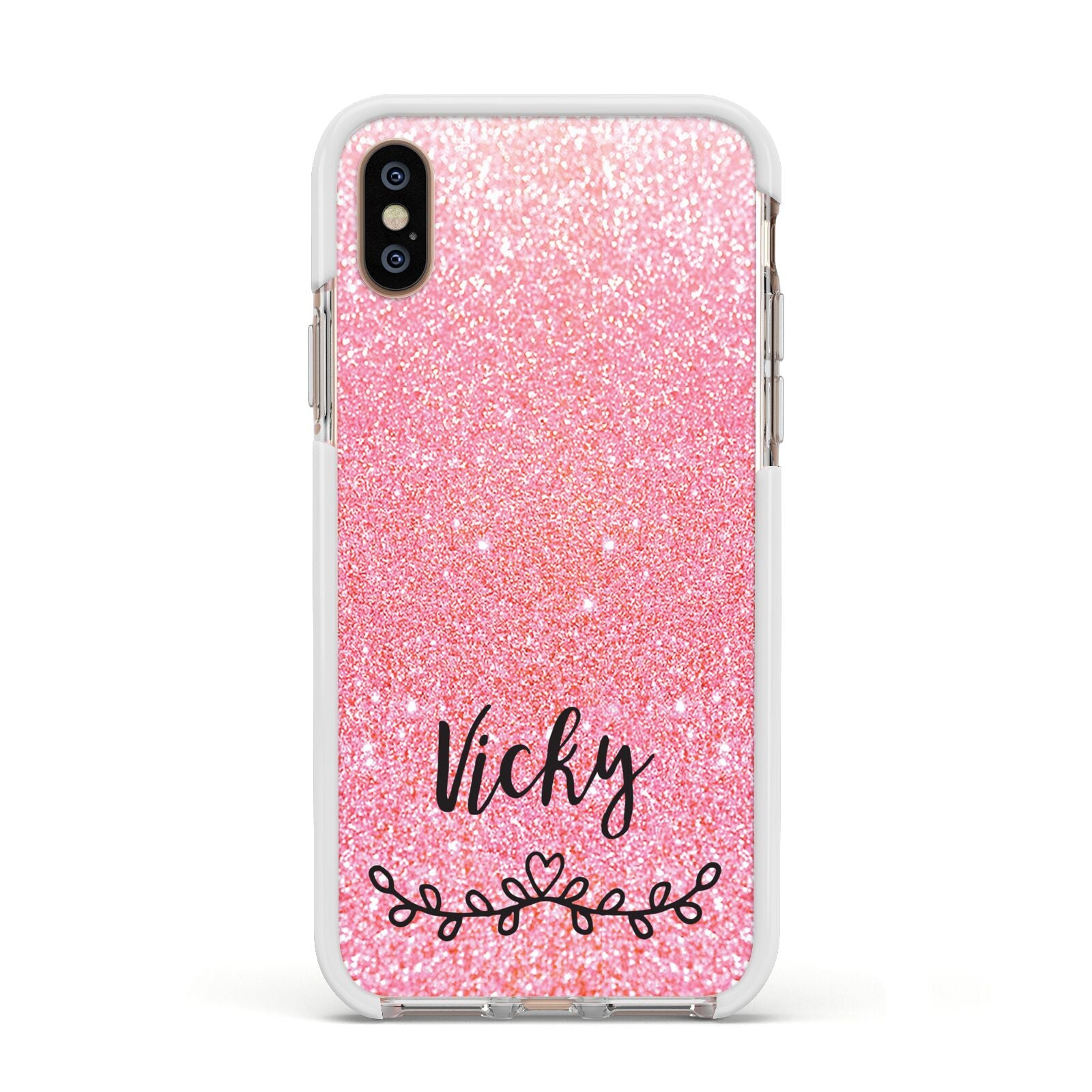 Pink Glitter with Custom Black Text Apple iPhone Xs Impact Case White Edge on Gold Phone