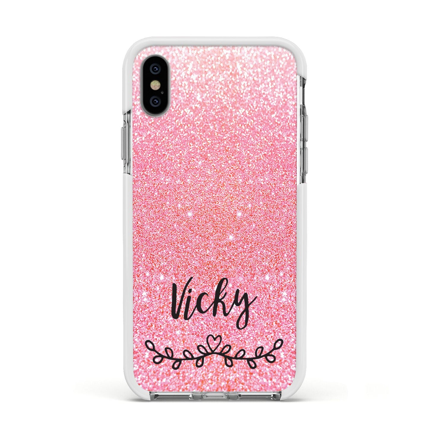 Pink Glitter with Custom Black Text Apple iPhone Xs Impact Case White Edge on Silver Phone