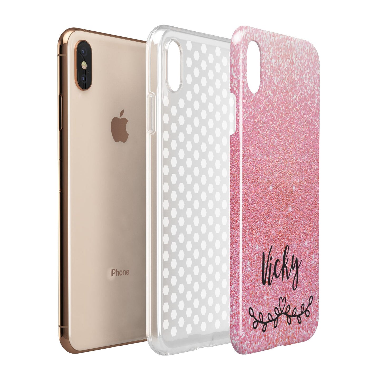 Pink Glitter with Custom Black Text Apple iPhone Xs Max 3D Tough Case Expanded View