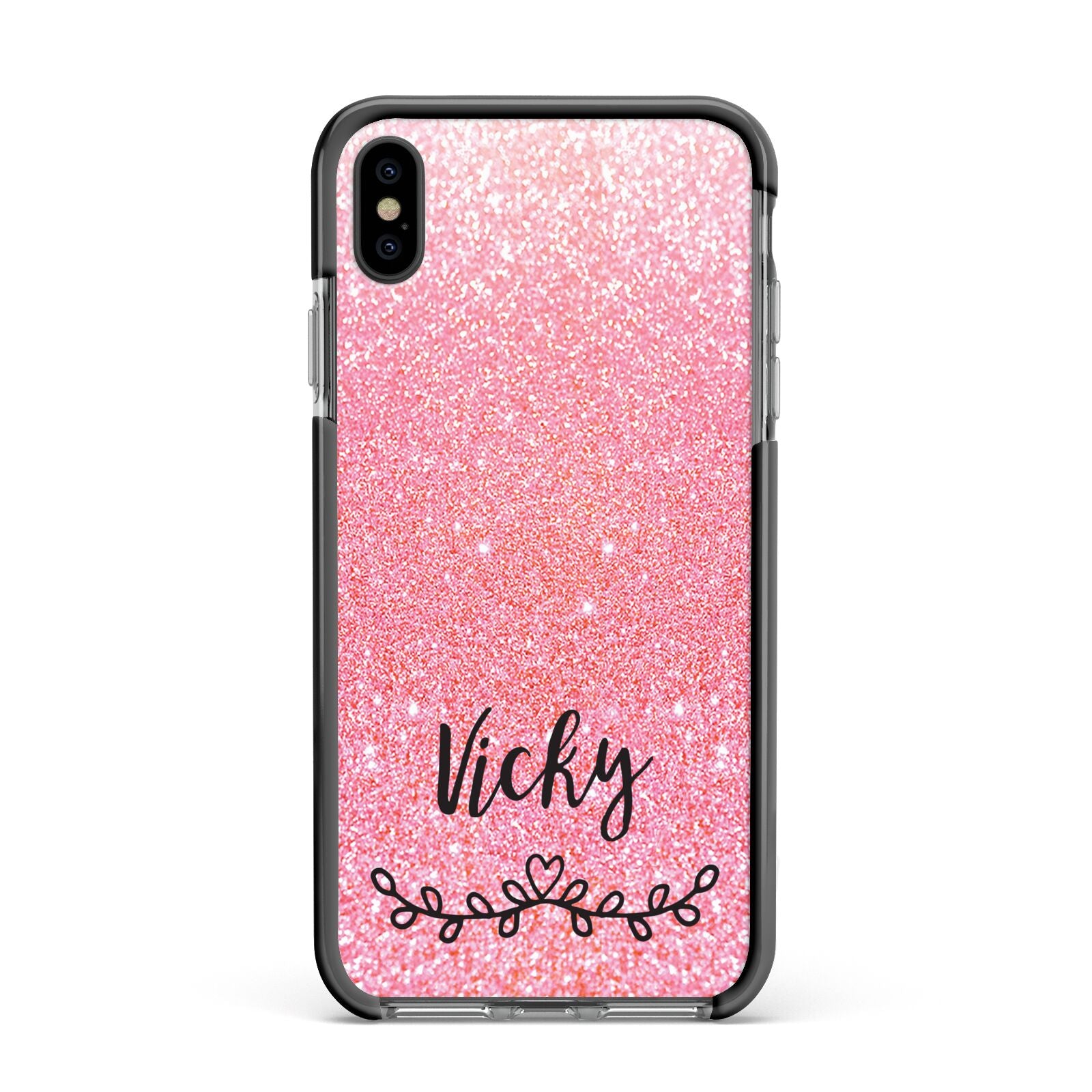 Pink Glitter with Custom Black Text Apple iPhone Xs Max Impact Case Black Edge on Black Phone