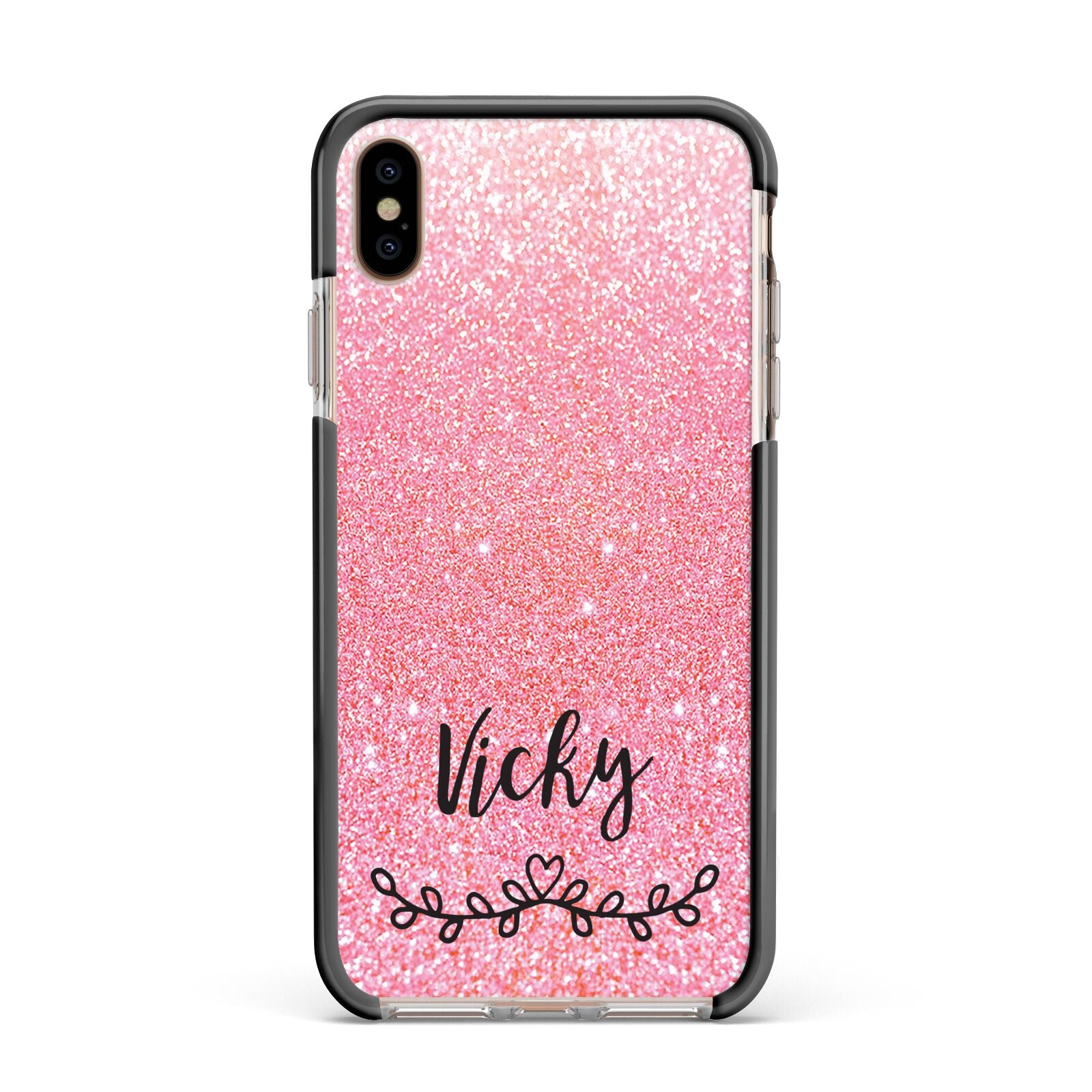 Pink Glitter with Custom Black Text Apple iPhone Xs Max Impact Case Black Edge on Gold Phone