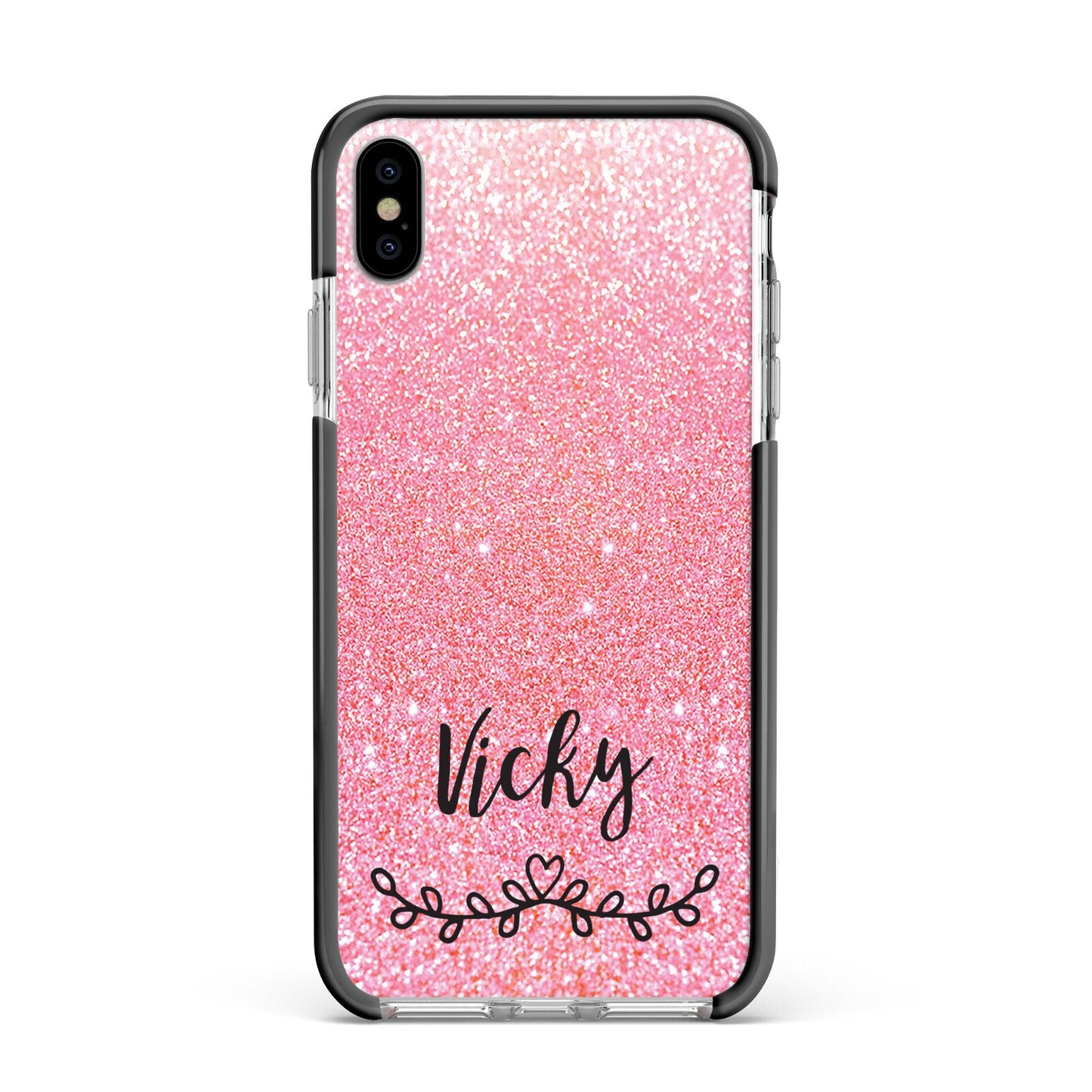 Pink Glitter with Custom Black Text Apple iPhone Xs Max Impact Case Black Edge on Silver Phone