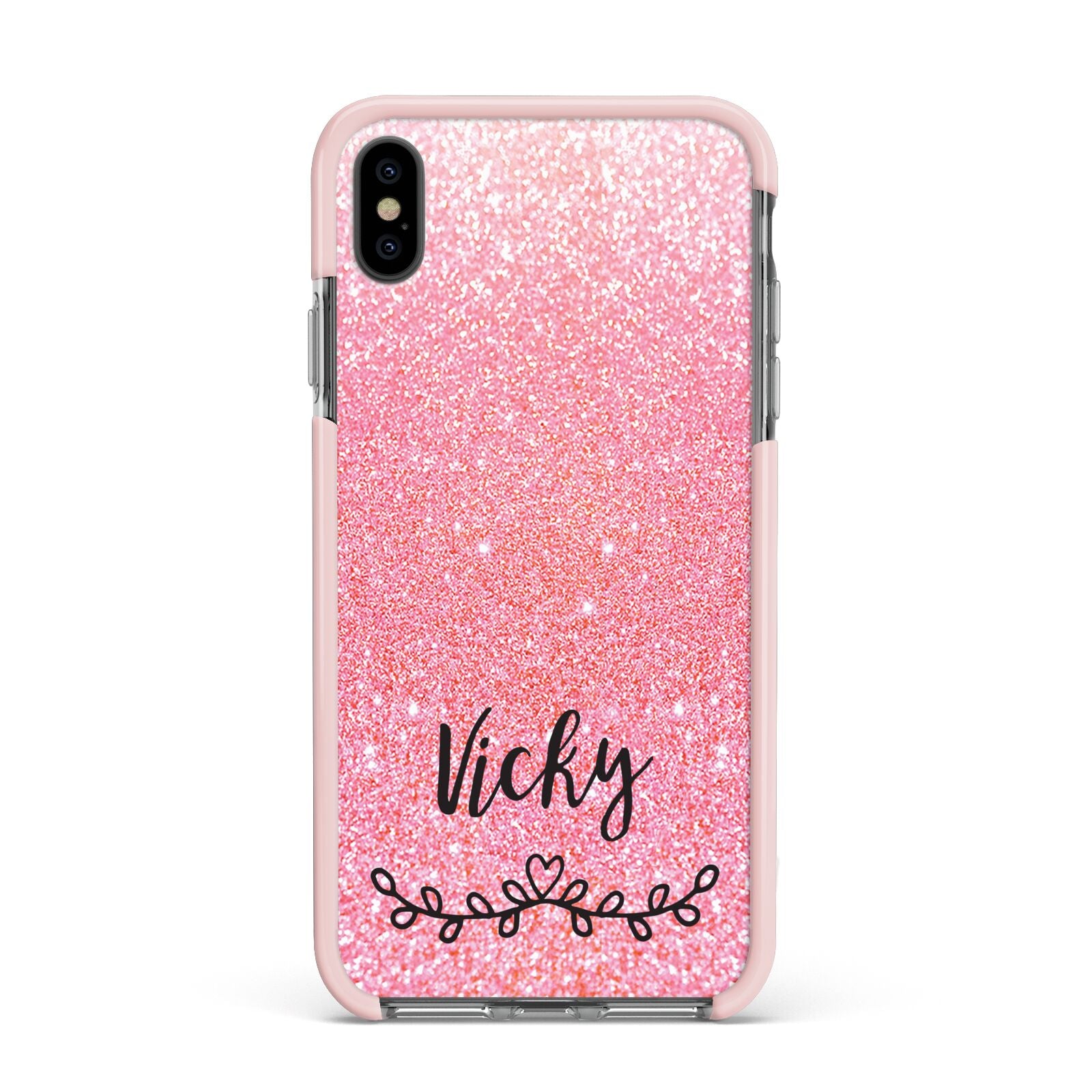 Pink Glitter with Custom Black Text Apple iPhone Xs Max Impact Case Pink Edge on Black Phone