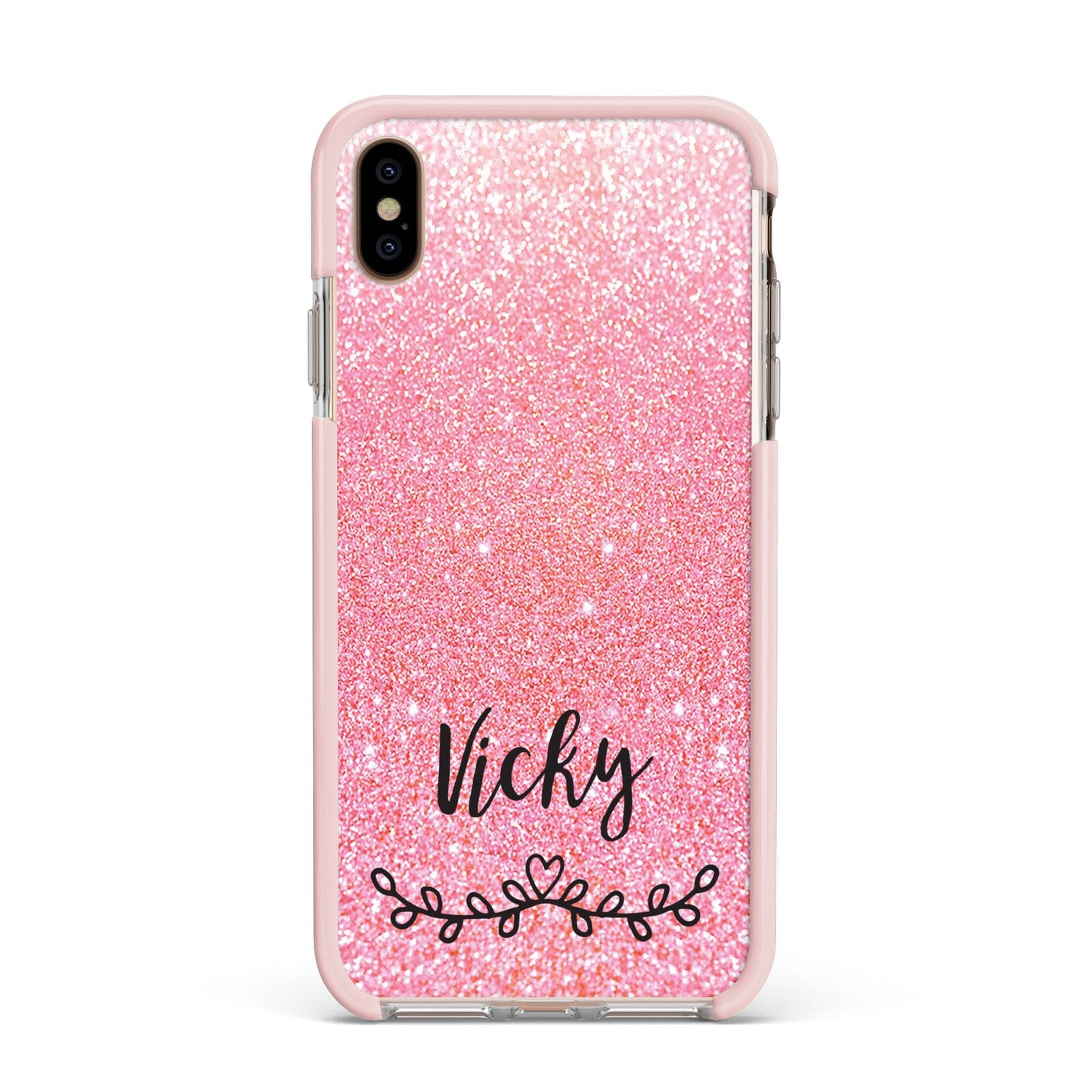 Pink Glitter with Custom Black Text Apple iPhone Xs Max Impact Case Pink Edge on Gold Phone