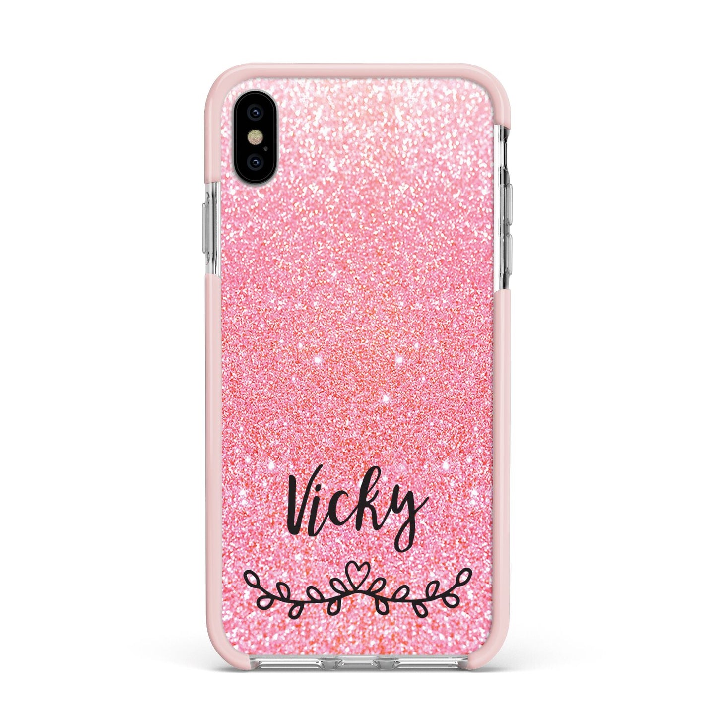 Pink Glitter with Custom Black Text Apple iPhone Xs Max Impact Case Pink Edge on Silver Phone