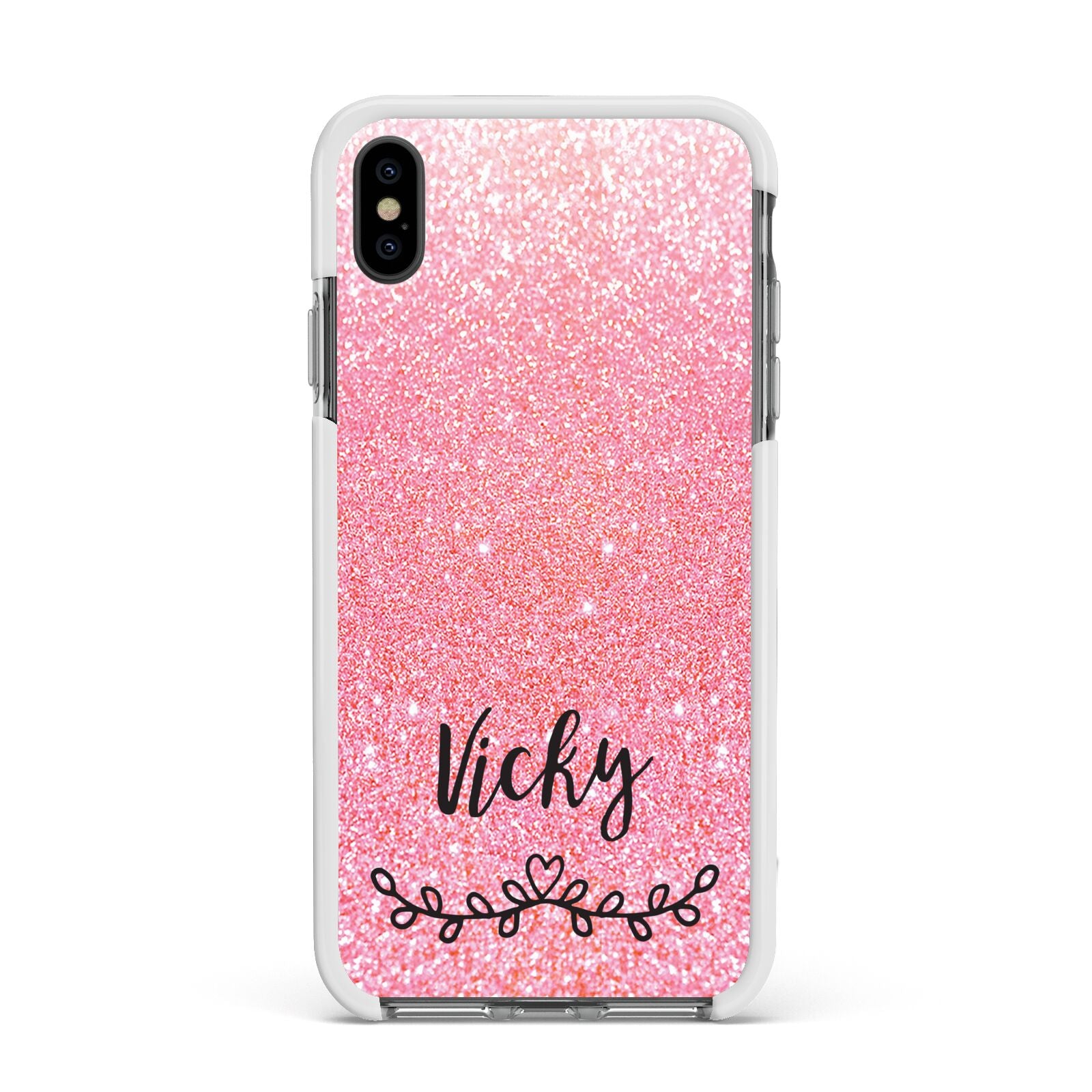 Pink Glitter with Custom Black Text Apple iPhone Xs Max Impact Case White Edge on Black Phone