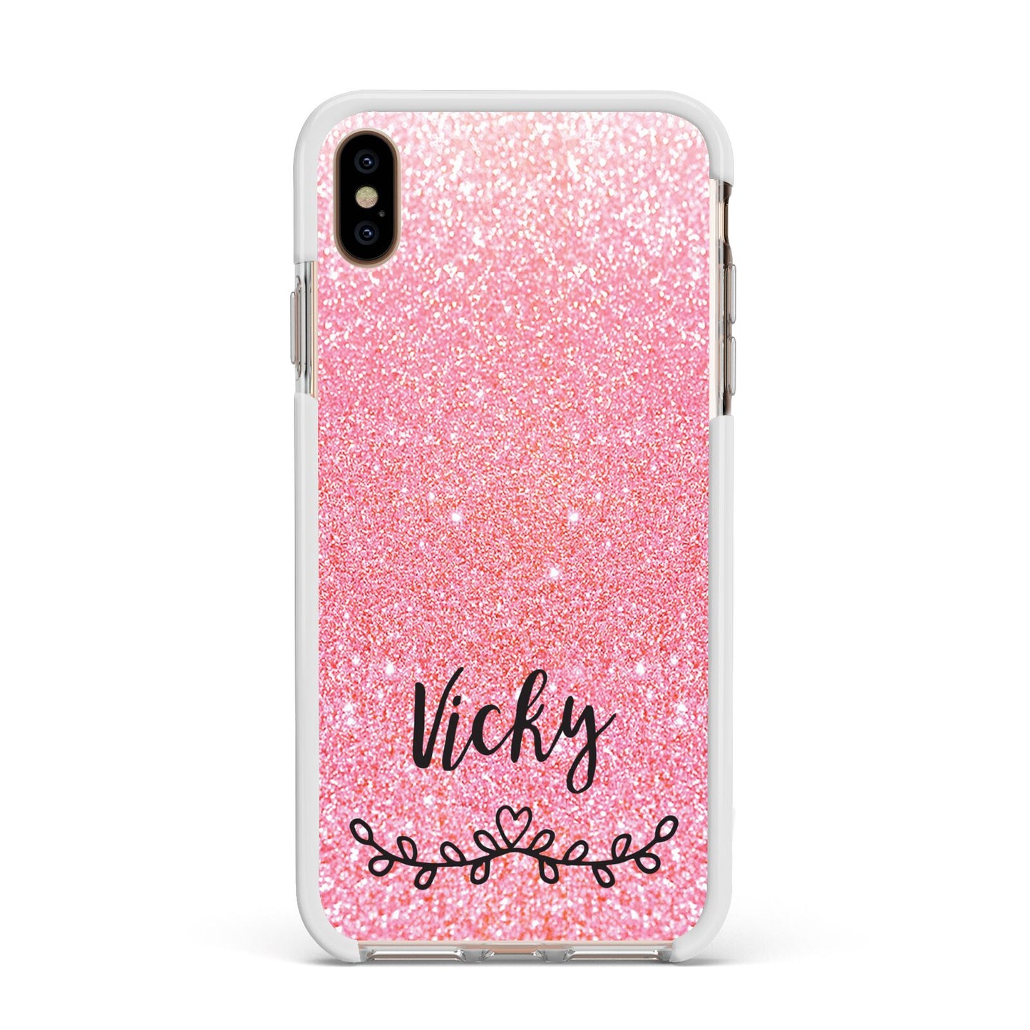 Pink Glitter with Custom Black Text Apple iPhone Xs Max Impact Case White Edge on Gold Phone