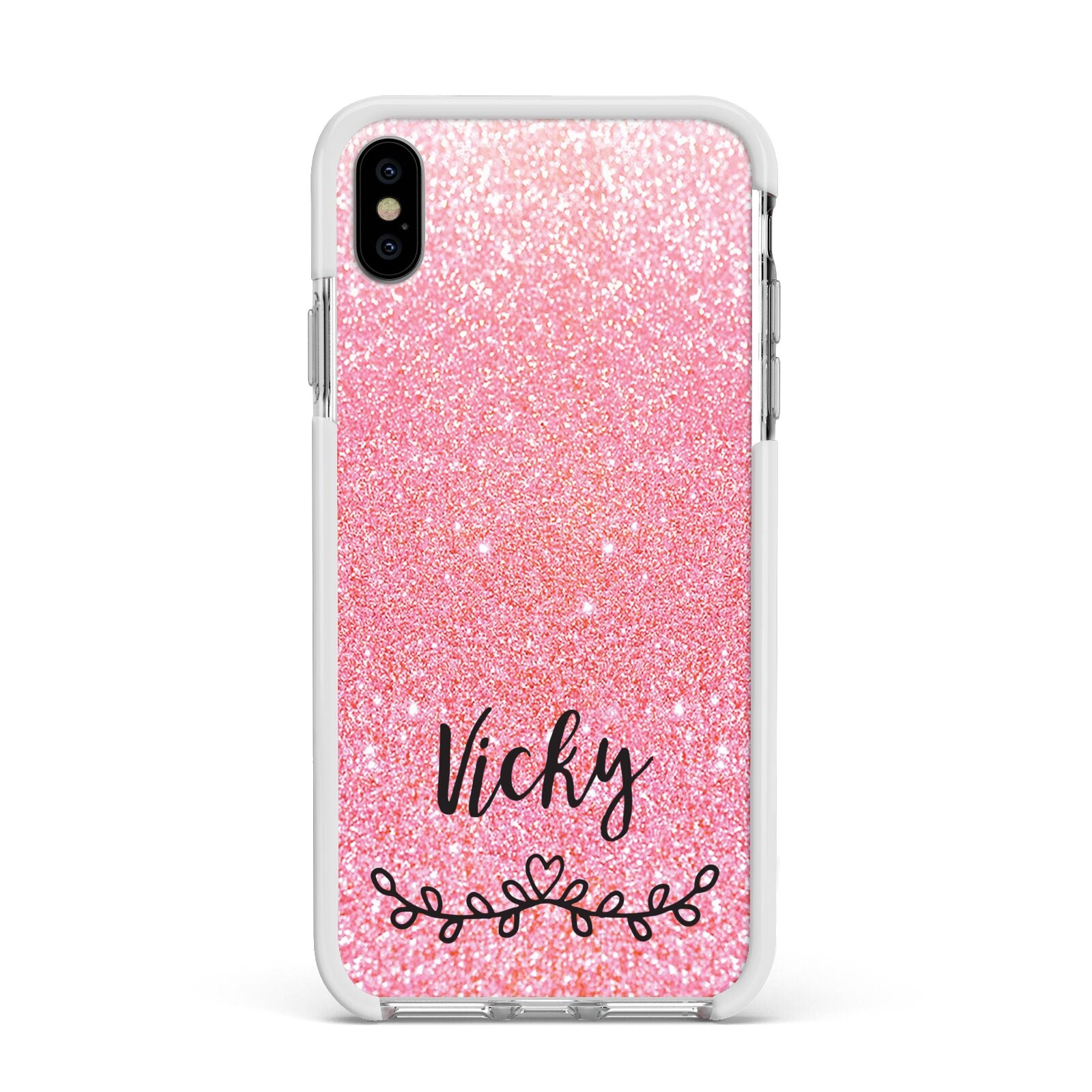 Pink Glitter with Custom Black Text Apple iPhone Xs Max Impact Case White Edge on Silver Phone