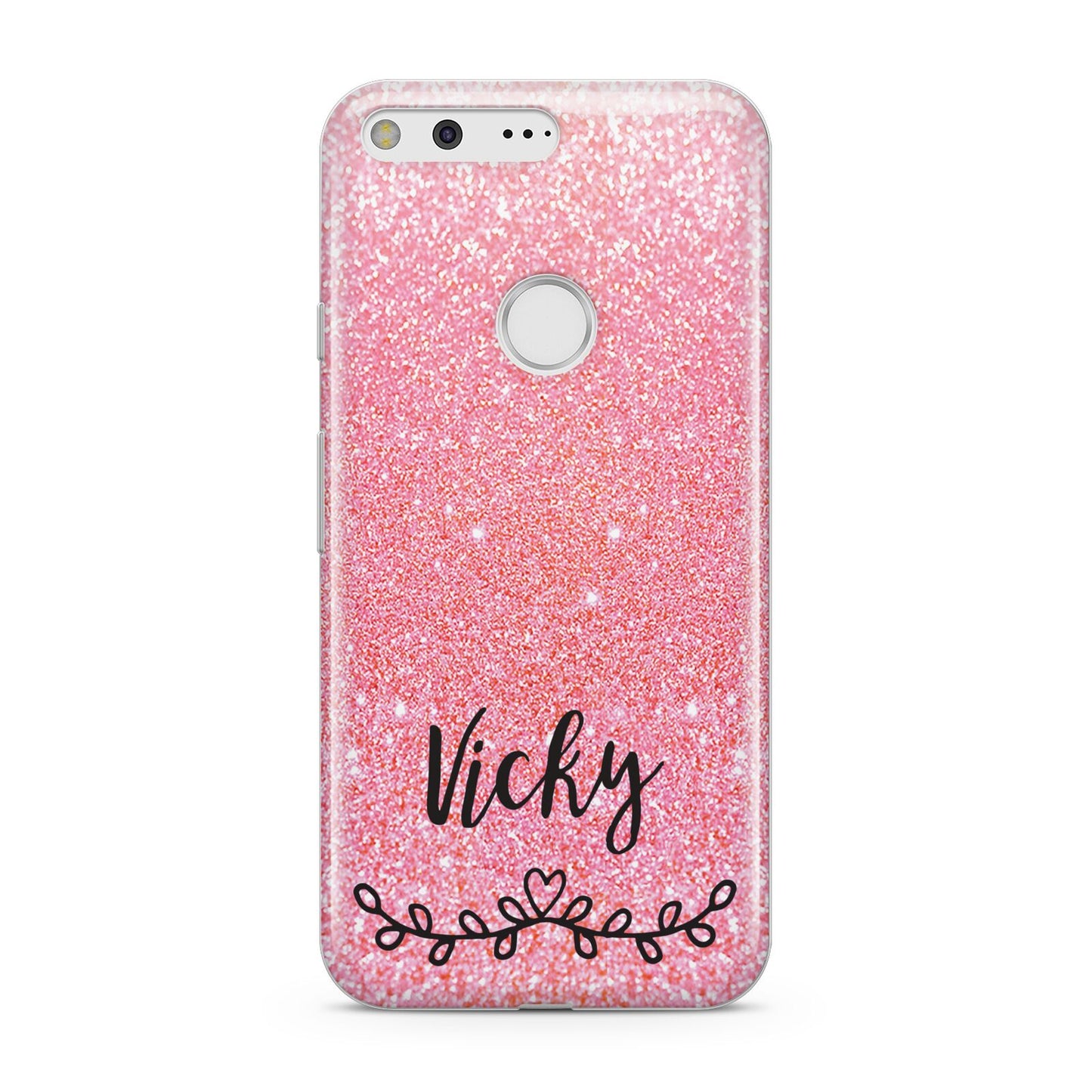 Pink Glitter with Custom Black Text Google Pixel Case