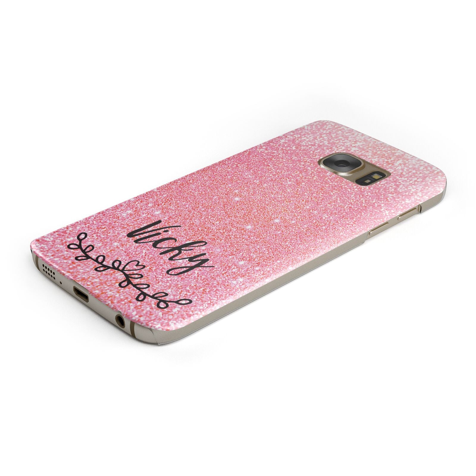 Pink Glitter with Custom Black Text Protective Samsung Galaxy Case Angled Image