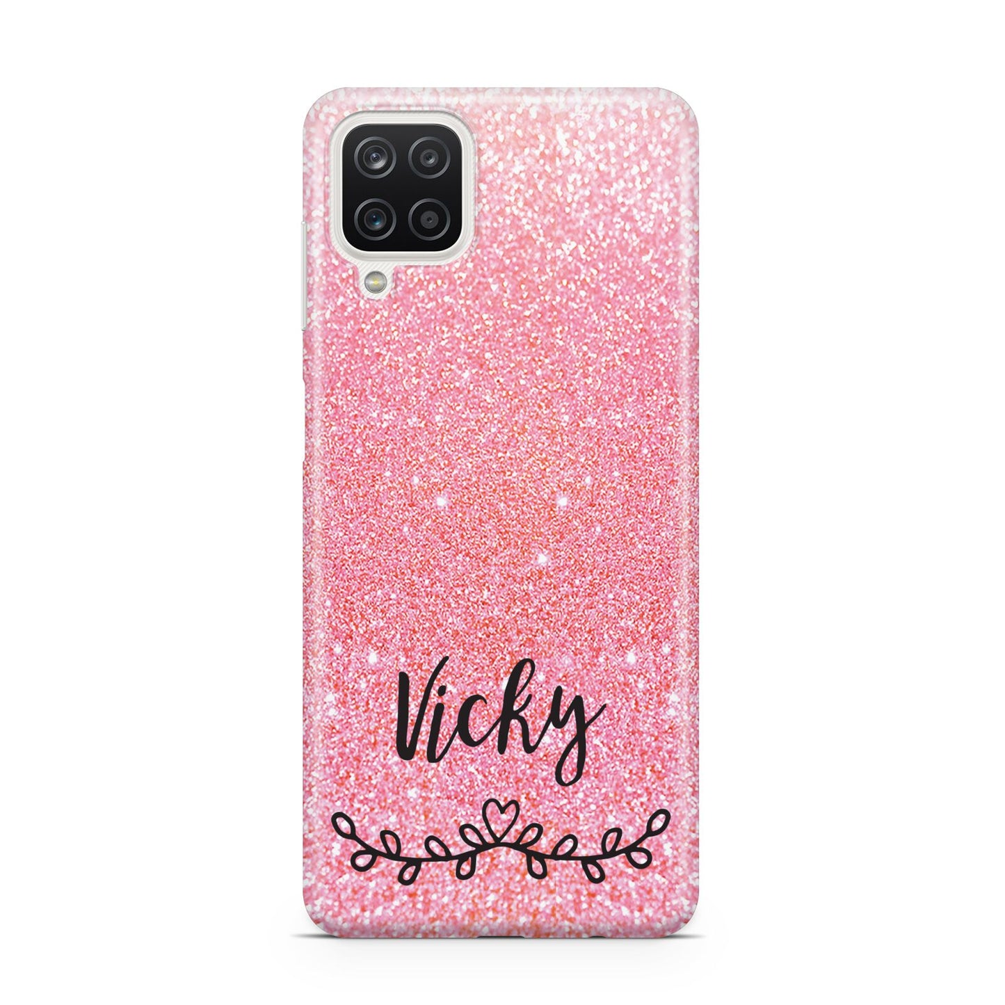 Pink Glitter with Custom Black Text Samsung A12 Case