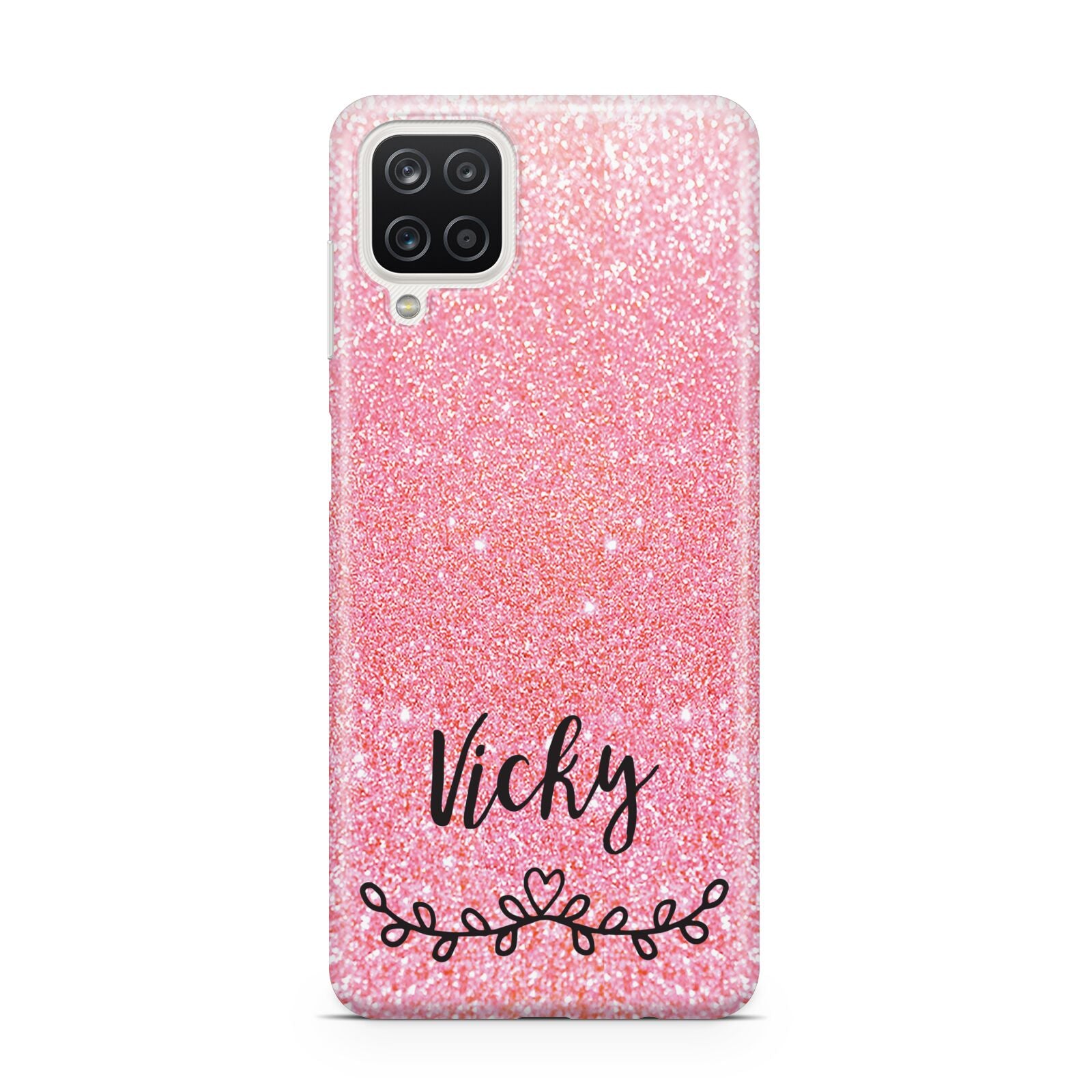 Pink Glitter with Custom Black Text Samsung A12 Case