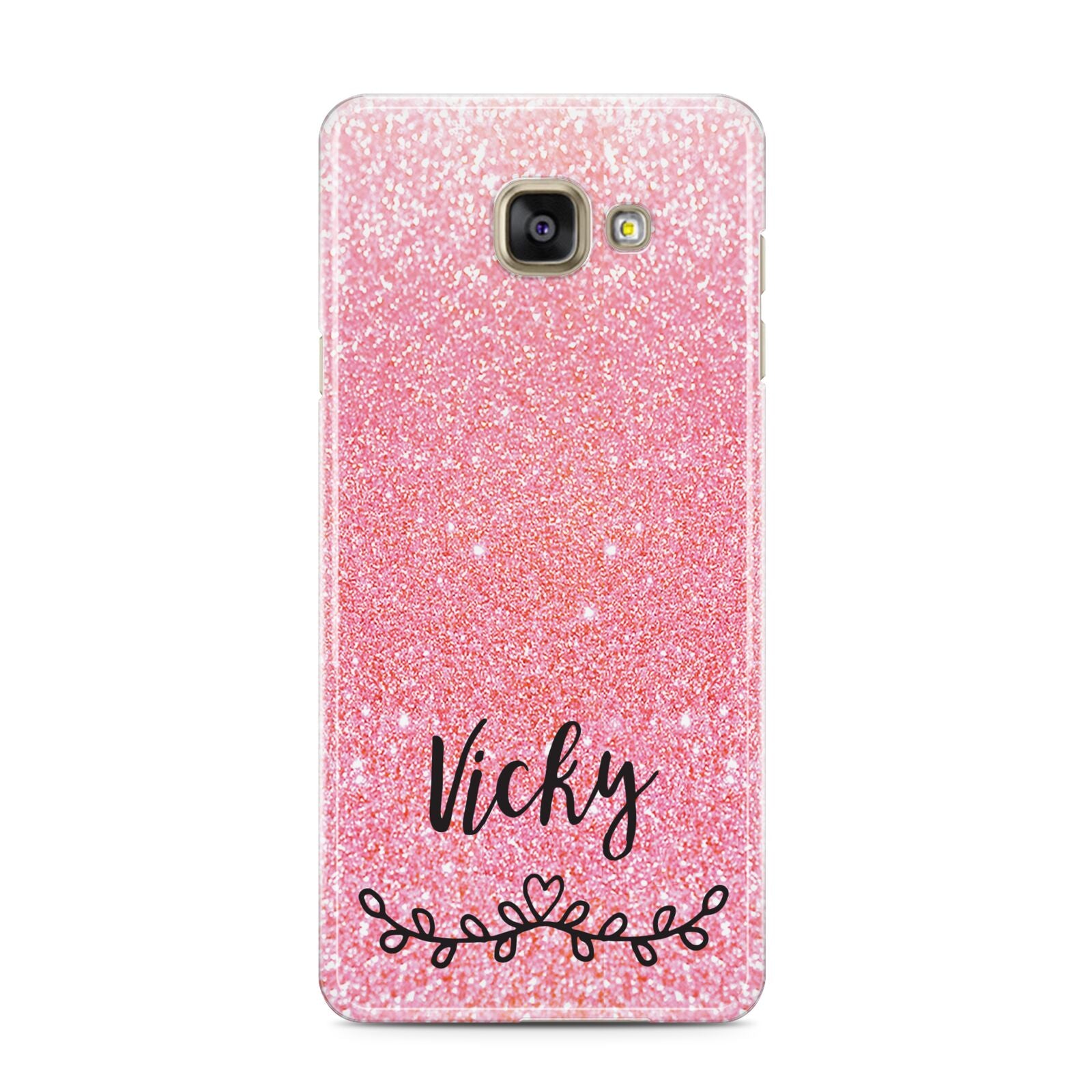 Pink Glitter with Custom Black Text Samsung Galaxy A3 2016 Case on gold phone