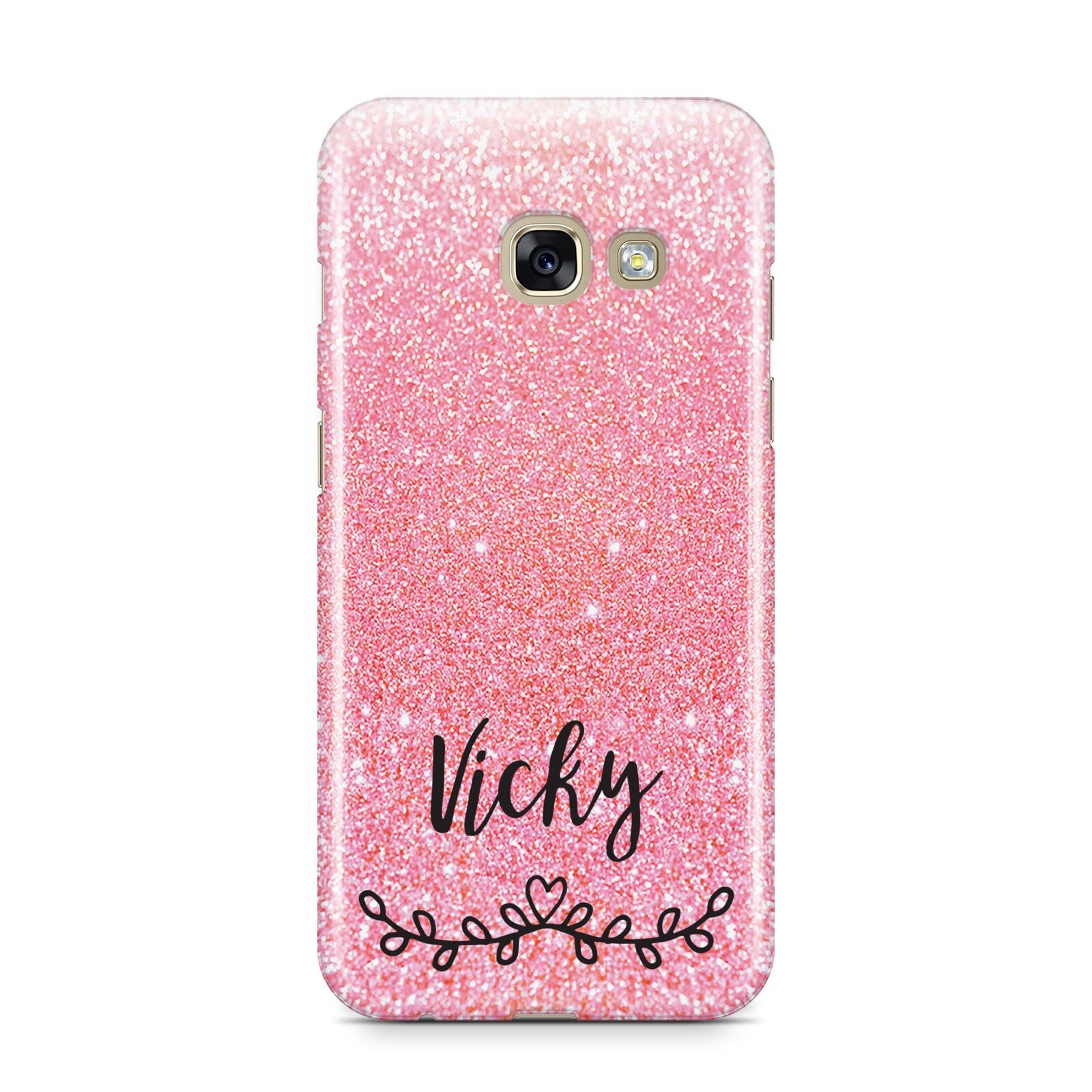 Pink Glitter with Custom Black Text Samsung Galaxy A3 2017 Case on gold phone