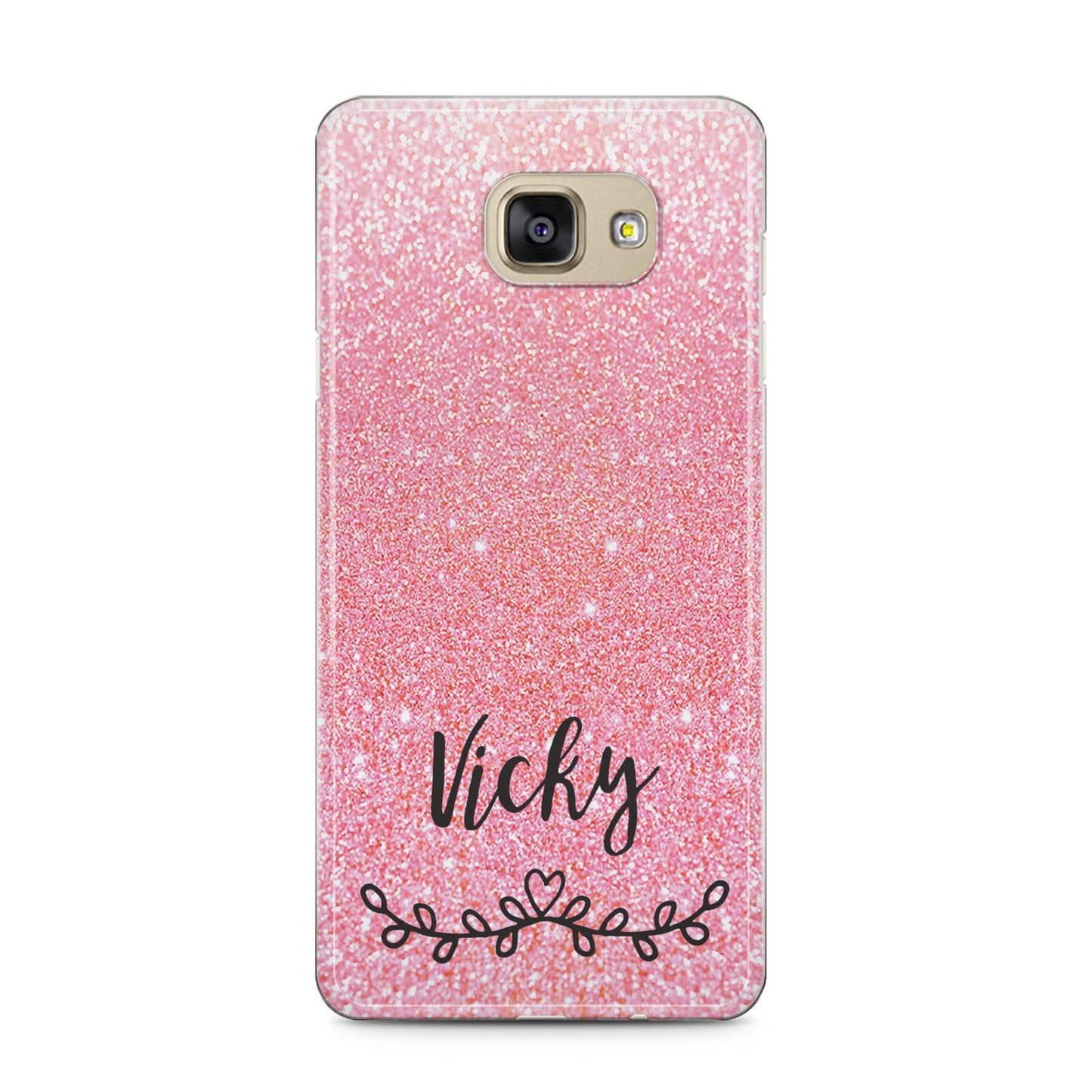 Pink Glitter with Custom Black Text Samsung Galaxy A5 2016 Case on gold phone