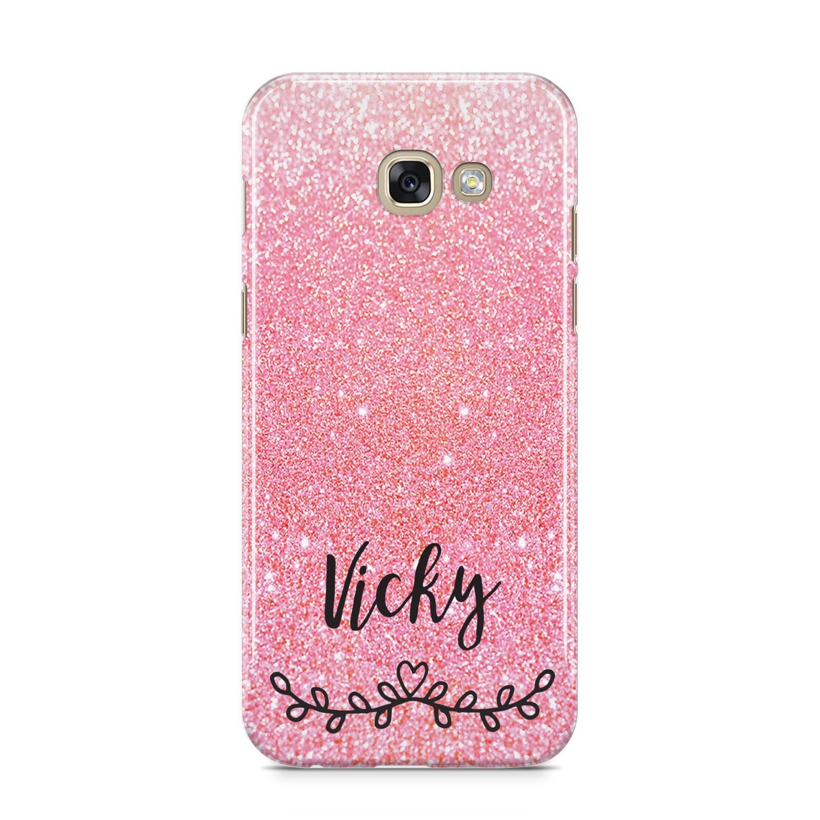 Pink Glitter with Custom Black Text Samsung Galaxy A5 2017 Case on gold phone