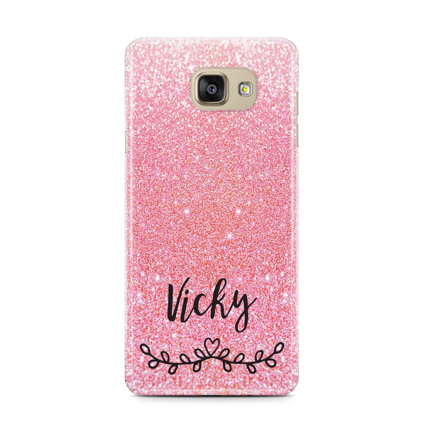 Pink Glitter with Custom Black Text Samsung Galaxy A7 2016 Case on gold phone