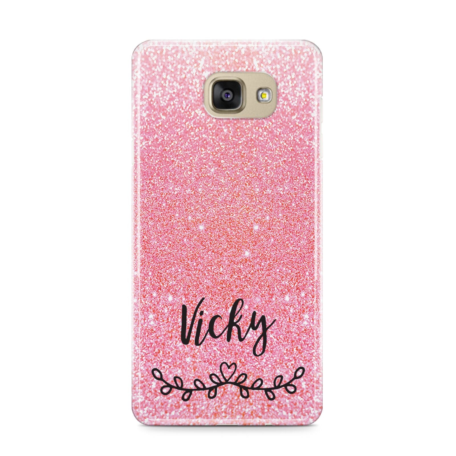 Pink Glitter with Custom Black Text Samsung Galaxy A9 2016 Case on gold phone