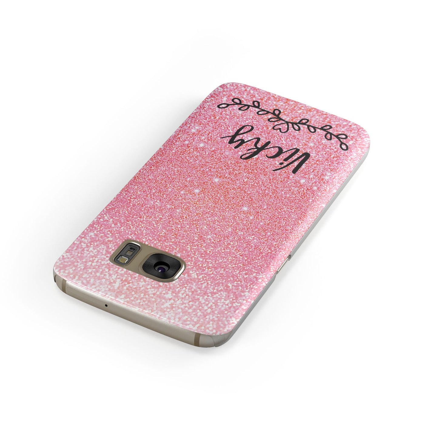 Pink Glitter with Custom Black Text Samsung Galaxy Case Front Close Up