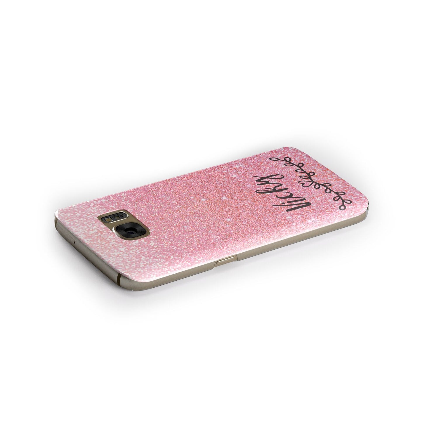 Pink Glitter with Custom Black Text Samsung Galaxy Case Side Close Up