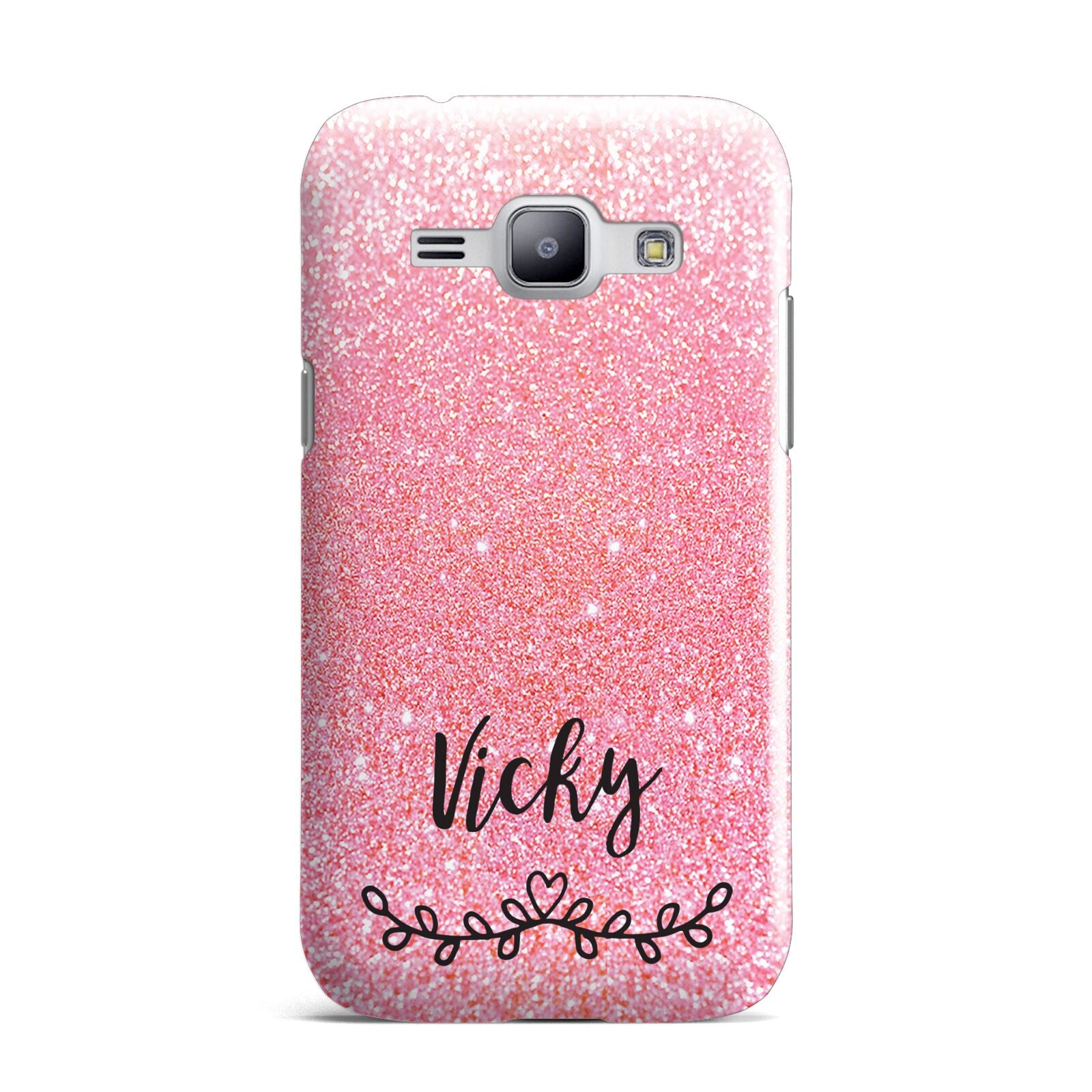 Pink Glitter with Custom Black Text Samsung Galaxy J1 2015 Case