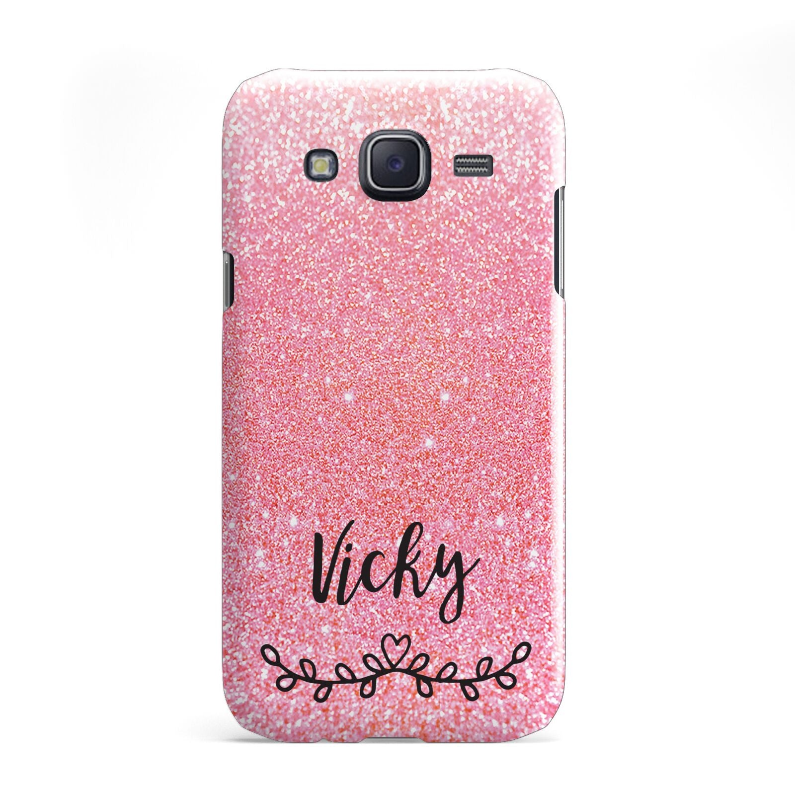 Pink Glitter with Custom Black Text Samsung Galaxy J5 Case