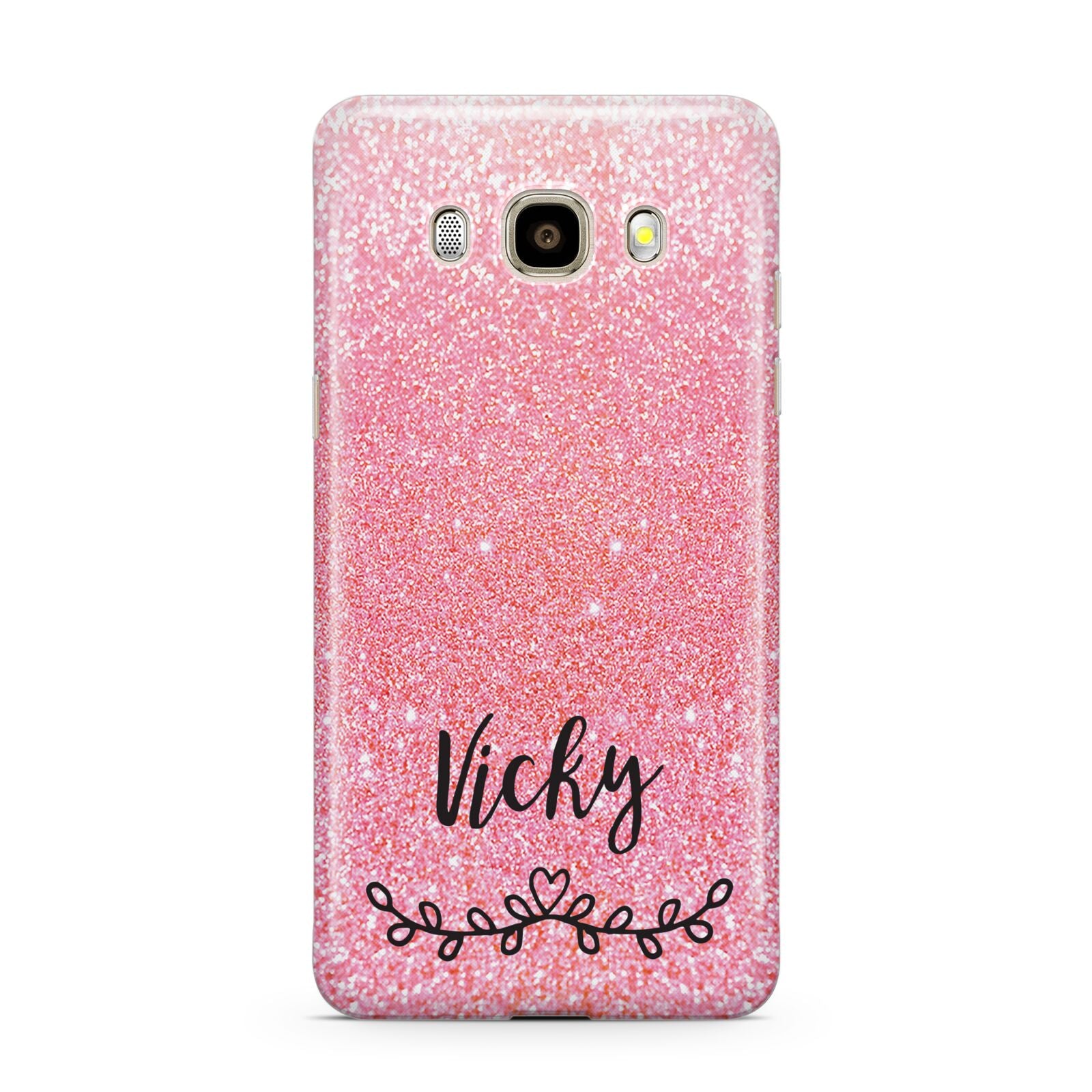 Pink Glitter with Custom Black Text Samsung Galaxy J7 2016 Case on gold phone