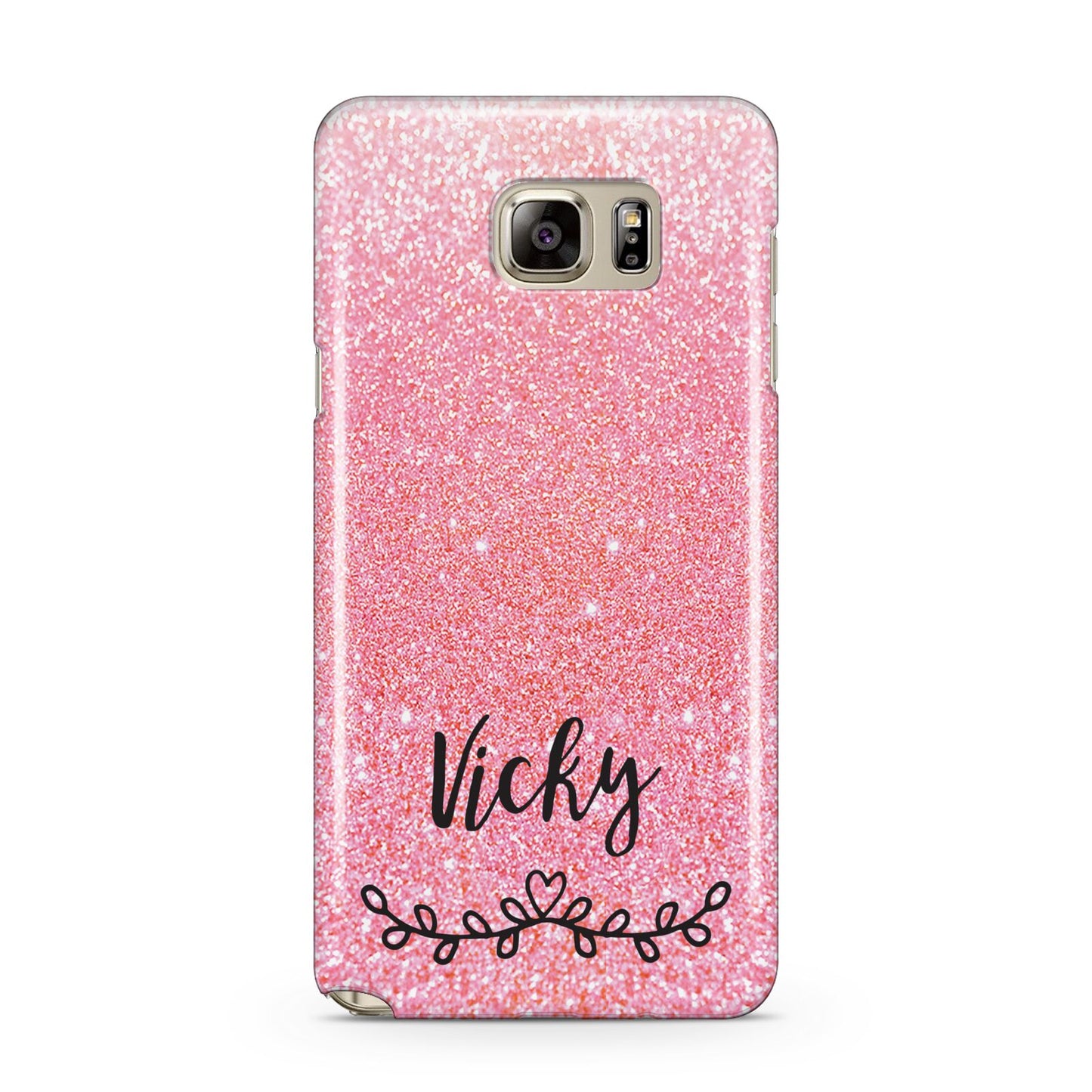 Pink Glitter with Custom Black Text Samsung Galaxy Note 5 Case