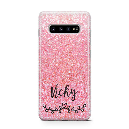 Pink Glitter with Custom Black Text Samsung Galaxy S10 Case