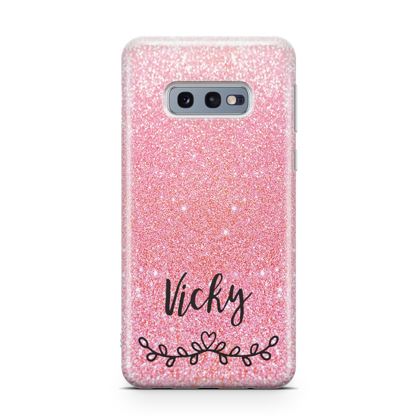 Pink Glitter with Custom Black Text Samsung Galaxy S10E Case