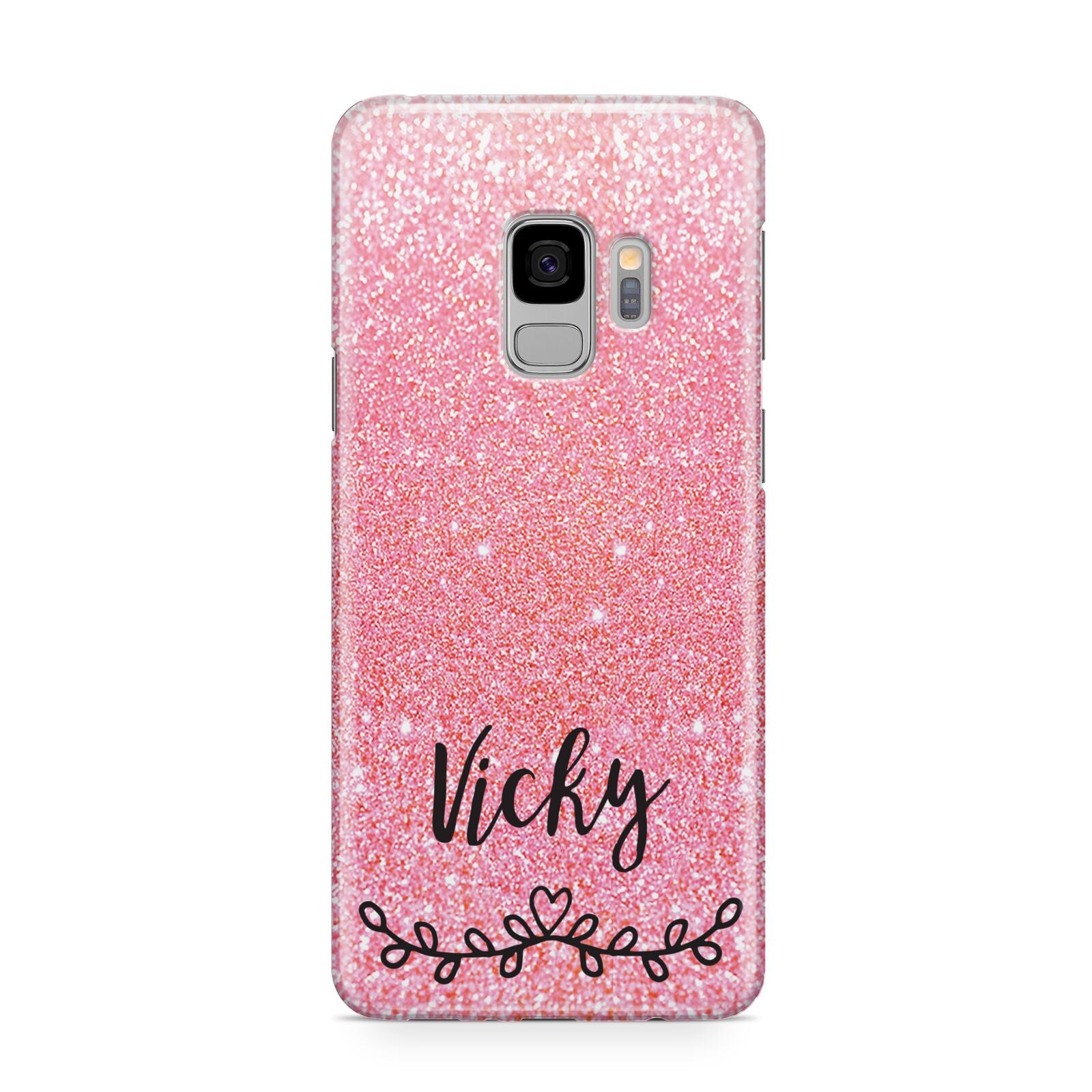 Pink Glitter with Custom Black Text Samsung Galaxy S9 Case