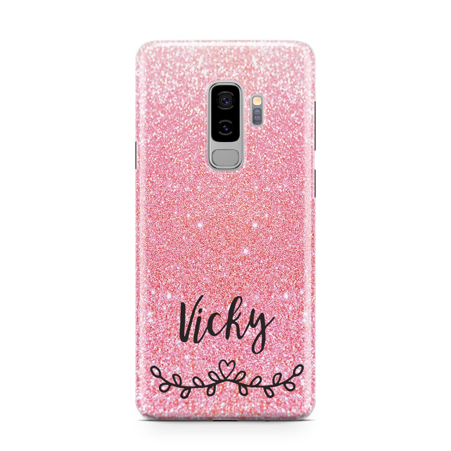 Pink Glitter with Custom Black Text Samsung Galaxy S9 Plus Case on Silver phone