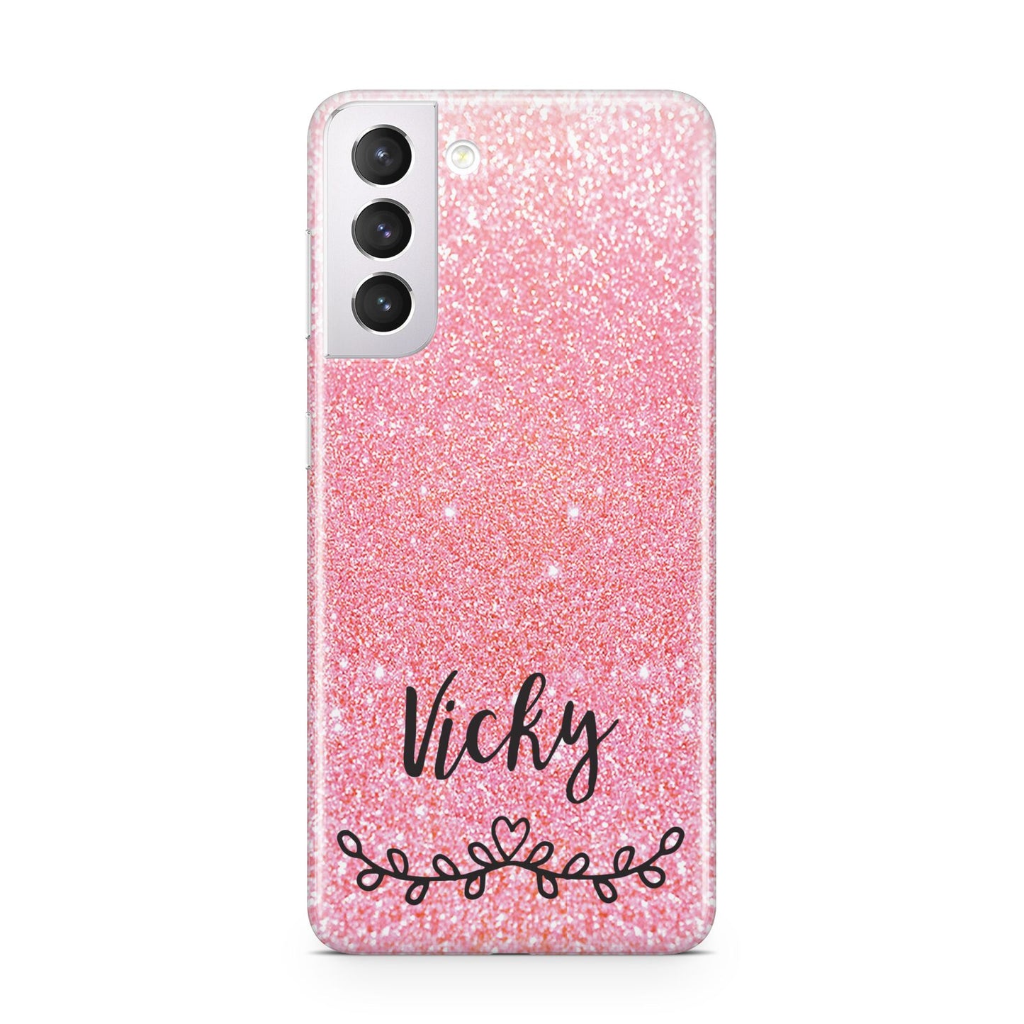 Pink Glitter with Custom Black Text Samsung S21 Case