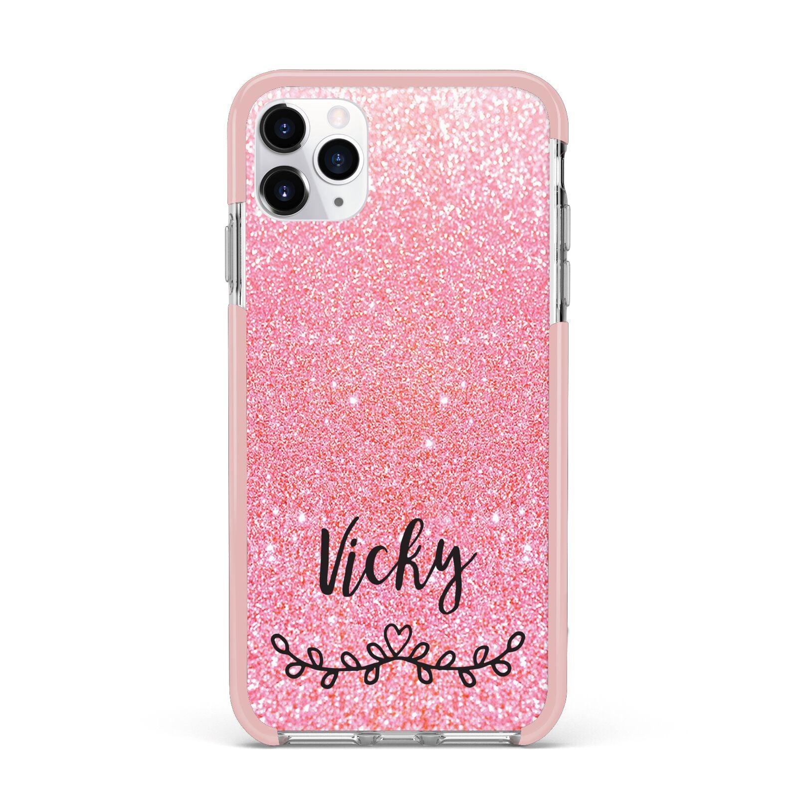 Pink Glitter with Custom Black Text iPhone 11 Pro Max Impact Pink Edge Case