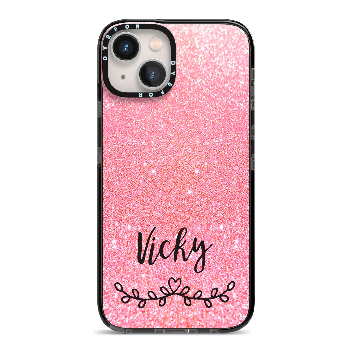 Pink Glitter with Custom Black Text iPhone 13 Black Impact Case on Silver phone