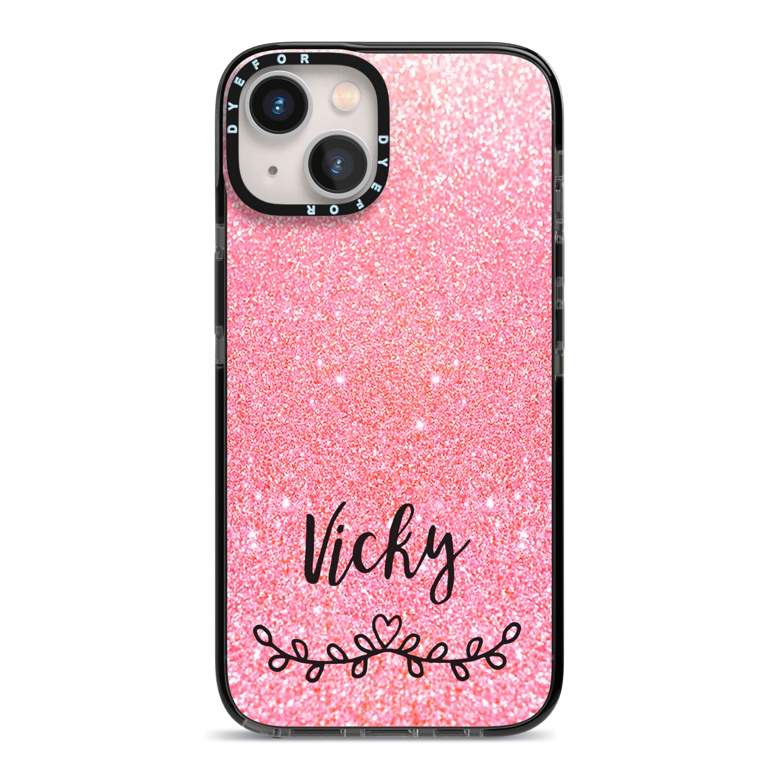 Pink Glitter with Custom Black Text iPhone 13 Black Impact Case on Silver phone