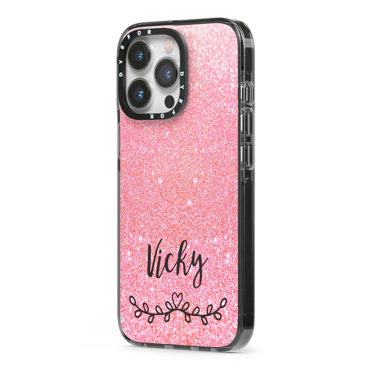 Pink Glitter with Custom Black Text iPhone 13 Pro Black Impact Case Side Angle on Silver phone