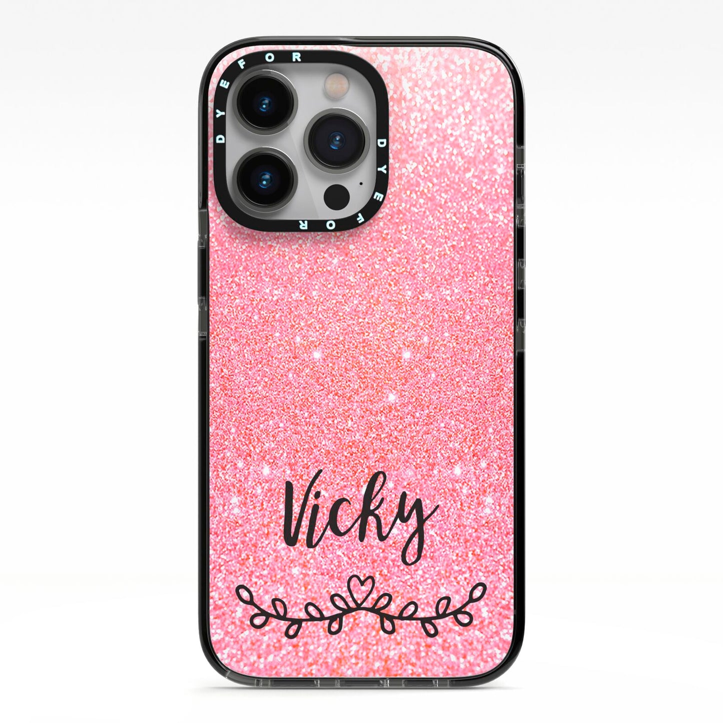 Pink Glitter with Custom Black Text iPhone 13 Pro Black Impact Case on Silver phone